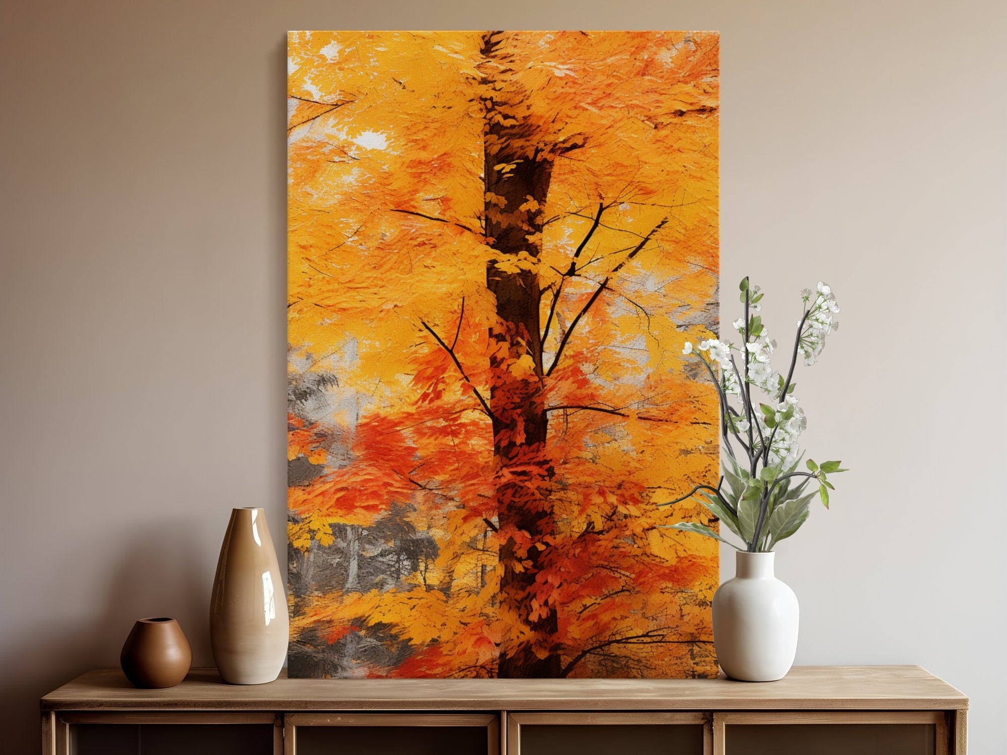The Autumn Soul: Abstract Impressionist Tree in Red & Gold | Temporal & Vibrant Wall Art