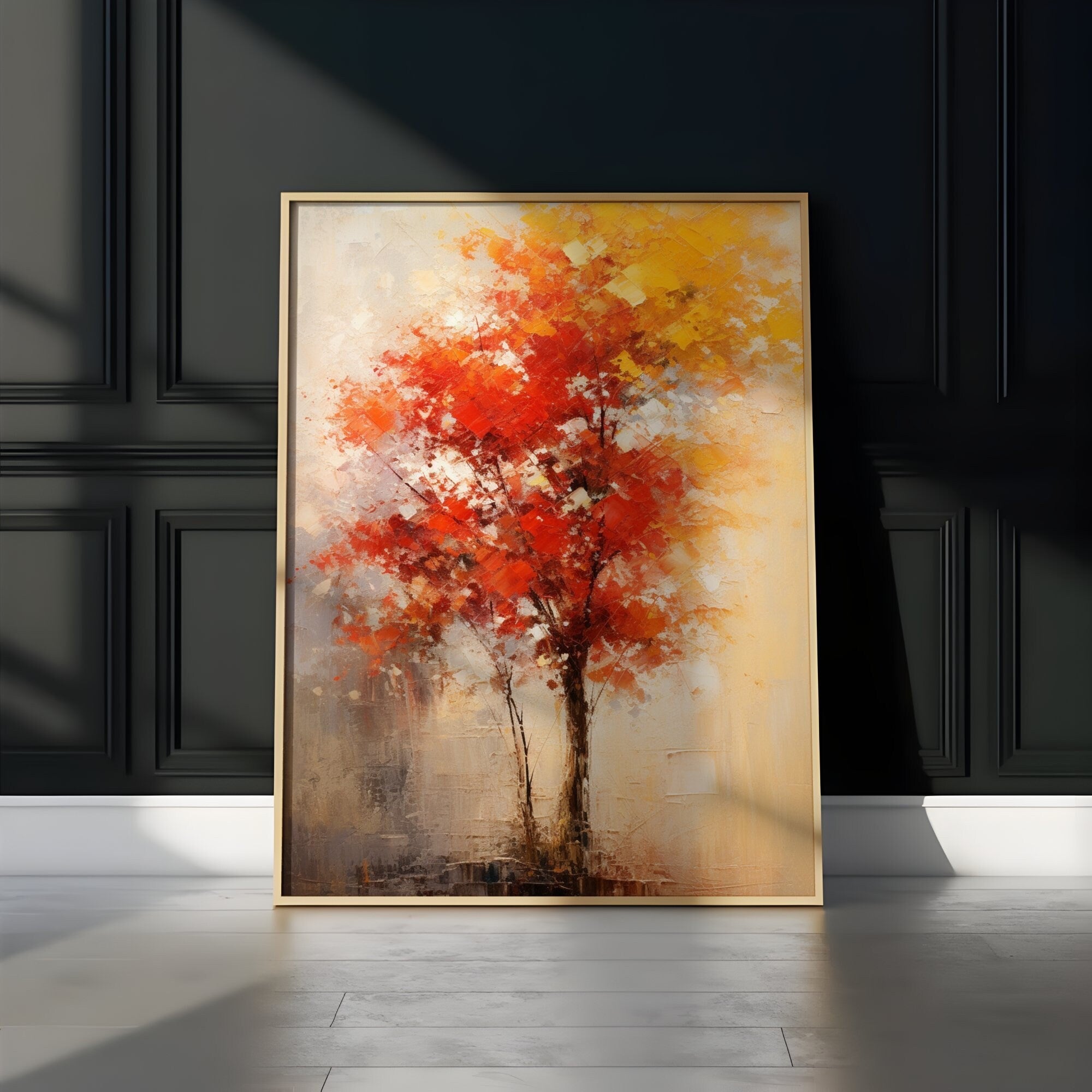The Autumn Soul: Abstract Impressionist Tree in Red & Gold | Temporal & Vibrant Wall Art