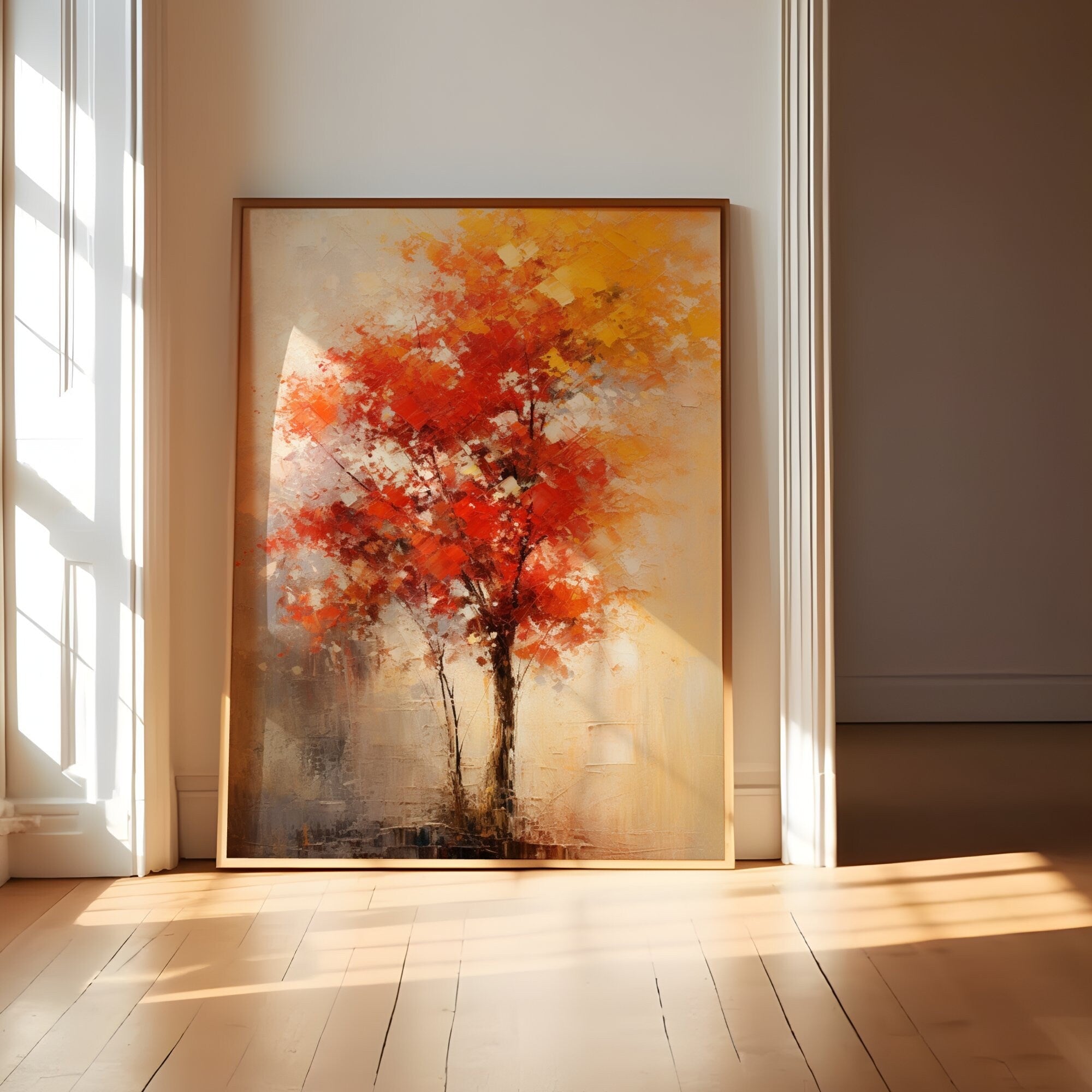 The Autumn Soul: Abstract Impressionist Tree in Red & Gold | Temporal & Vibrant Wall Art