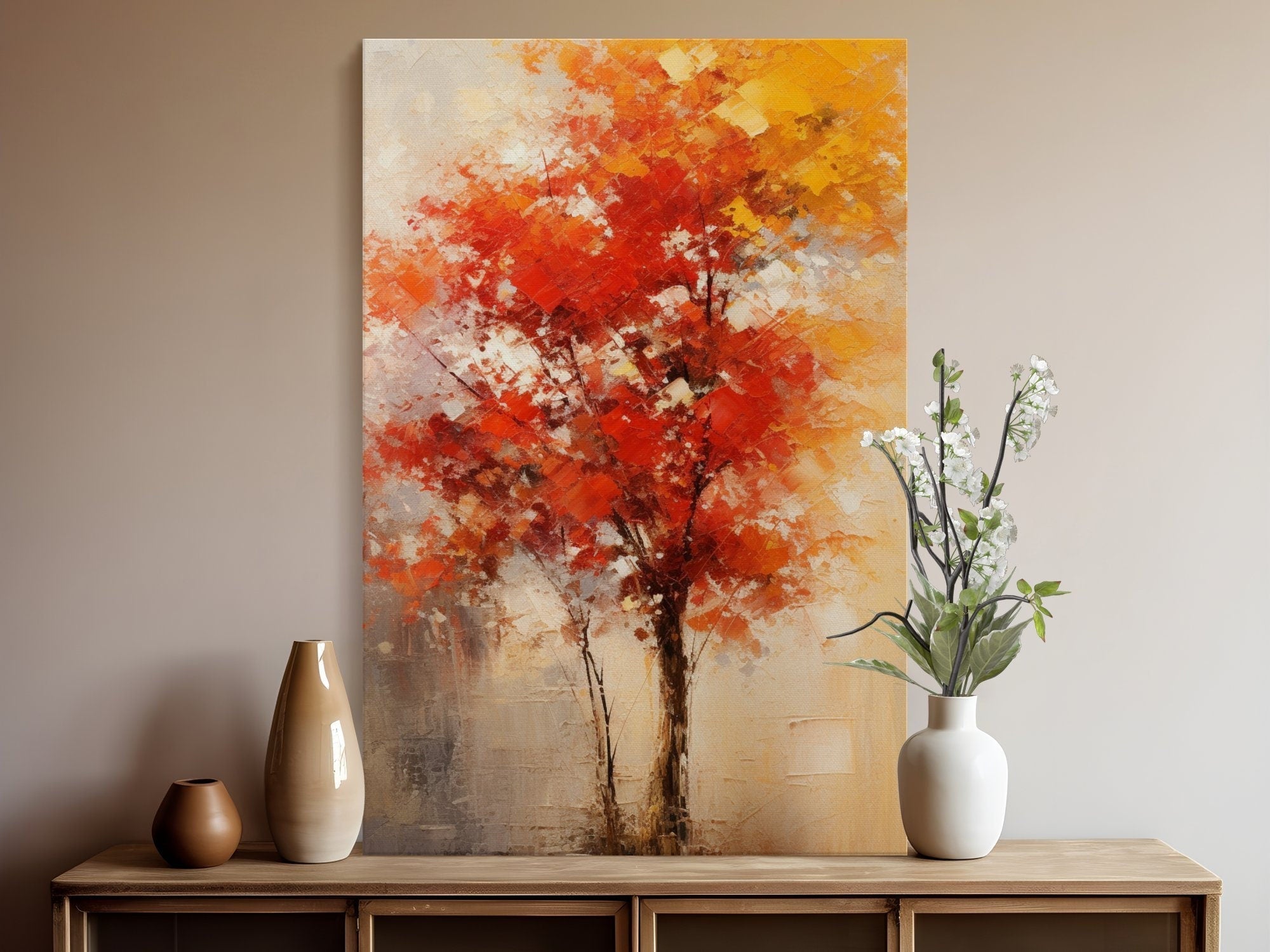 The Autumn Soul: Abstract Impressionist Tree in Red & Gold | Temporal & Vibrant Wall Art