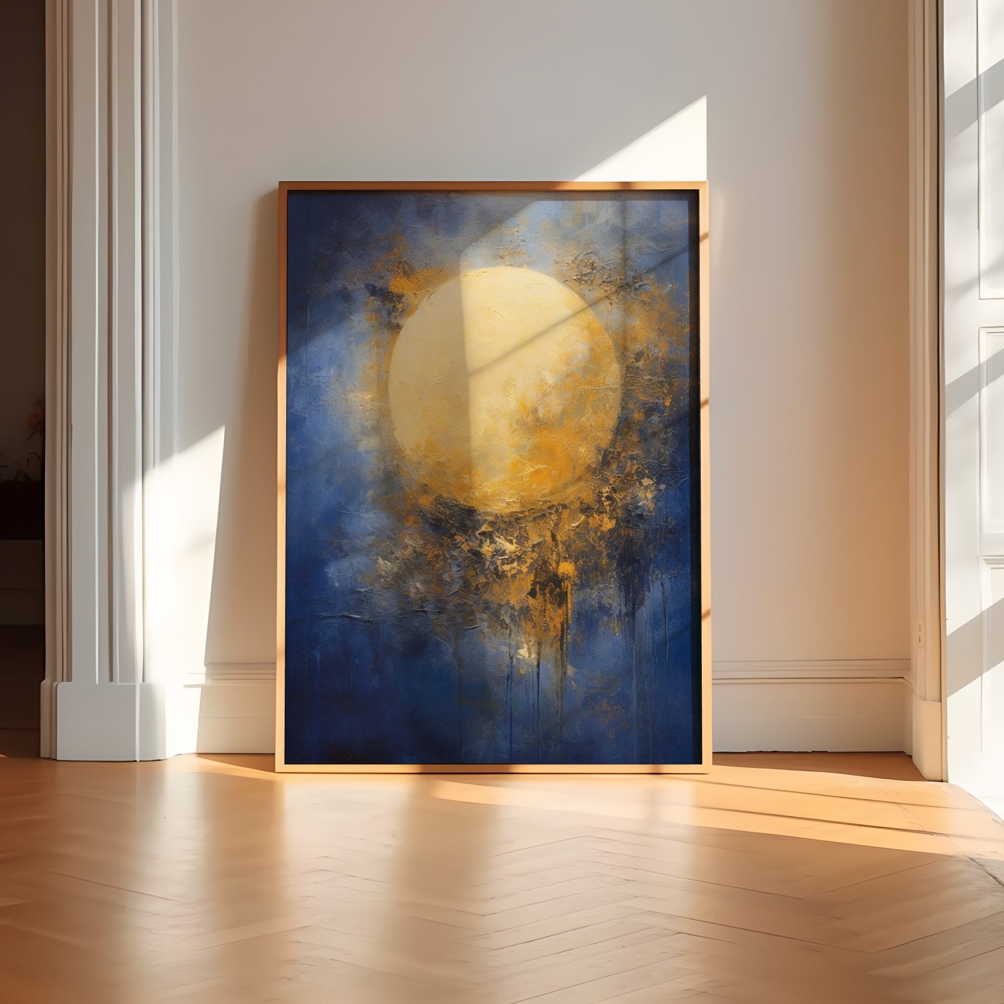 The Celestial Dream: Impressionist Moon in Blue & Gold | Abstract & Timeless Wall Art