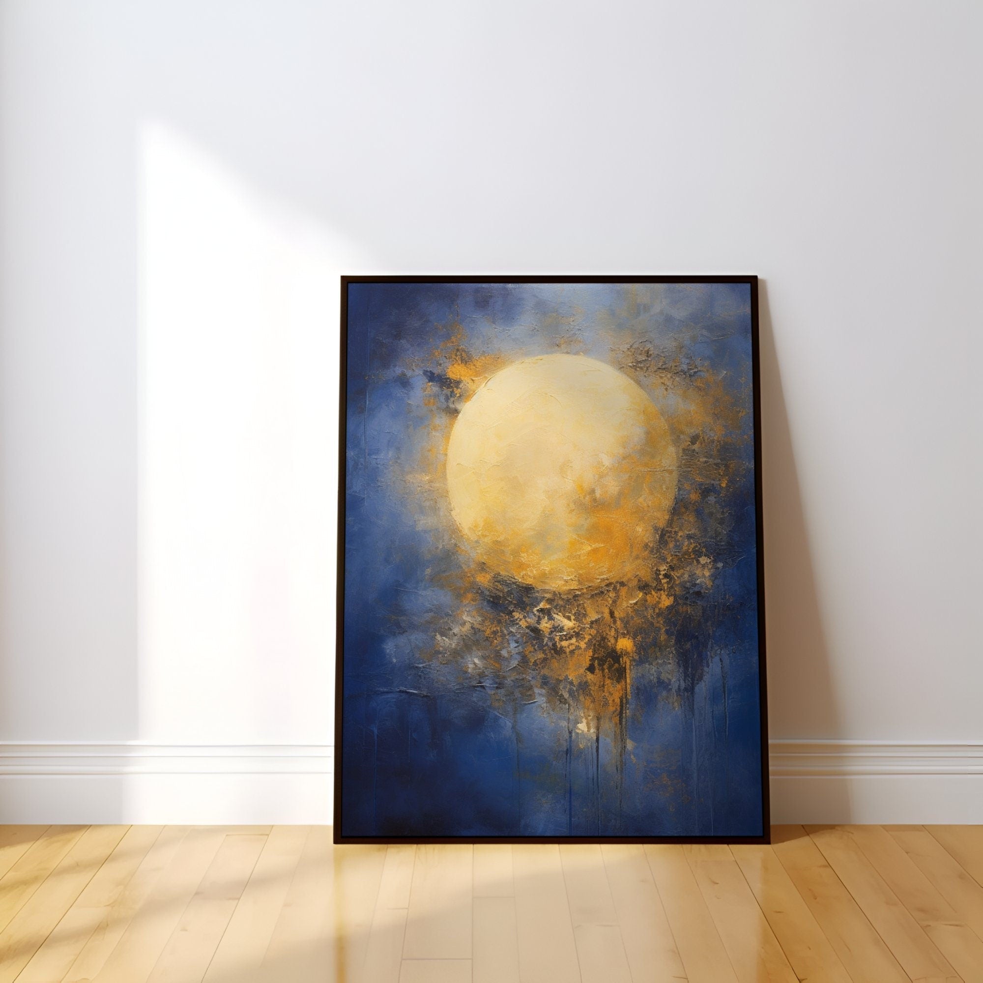 The Celestial Dream: Impressionist Moon in Blue & Gold | Abstract & Timeless Wall Art