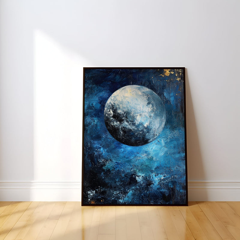 Persian Blue Moon Art – Abstract Moonlit Night Painting | Serene Wall Decor