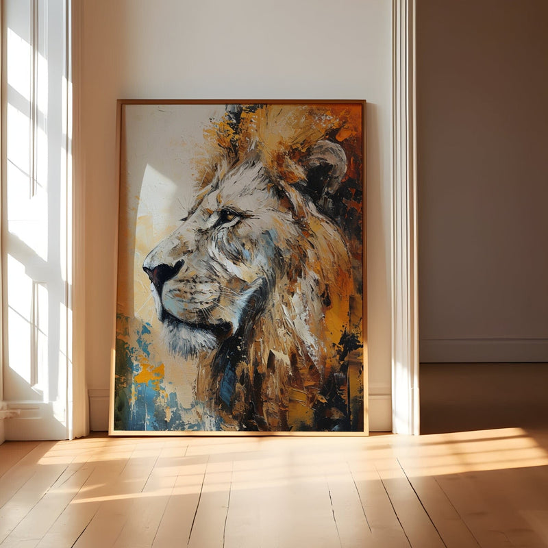 Abstract Lion Portrait | Majestic Wall Art - Blue Gold Artwork, Modern Lion Painting
