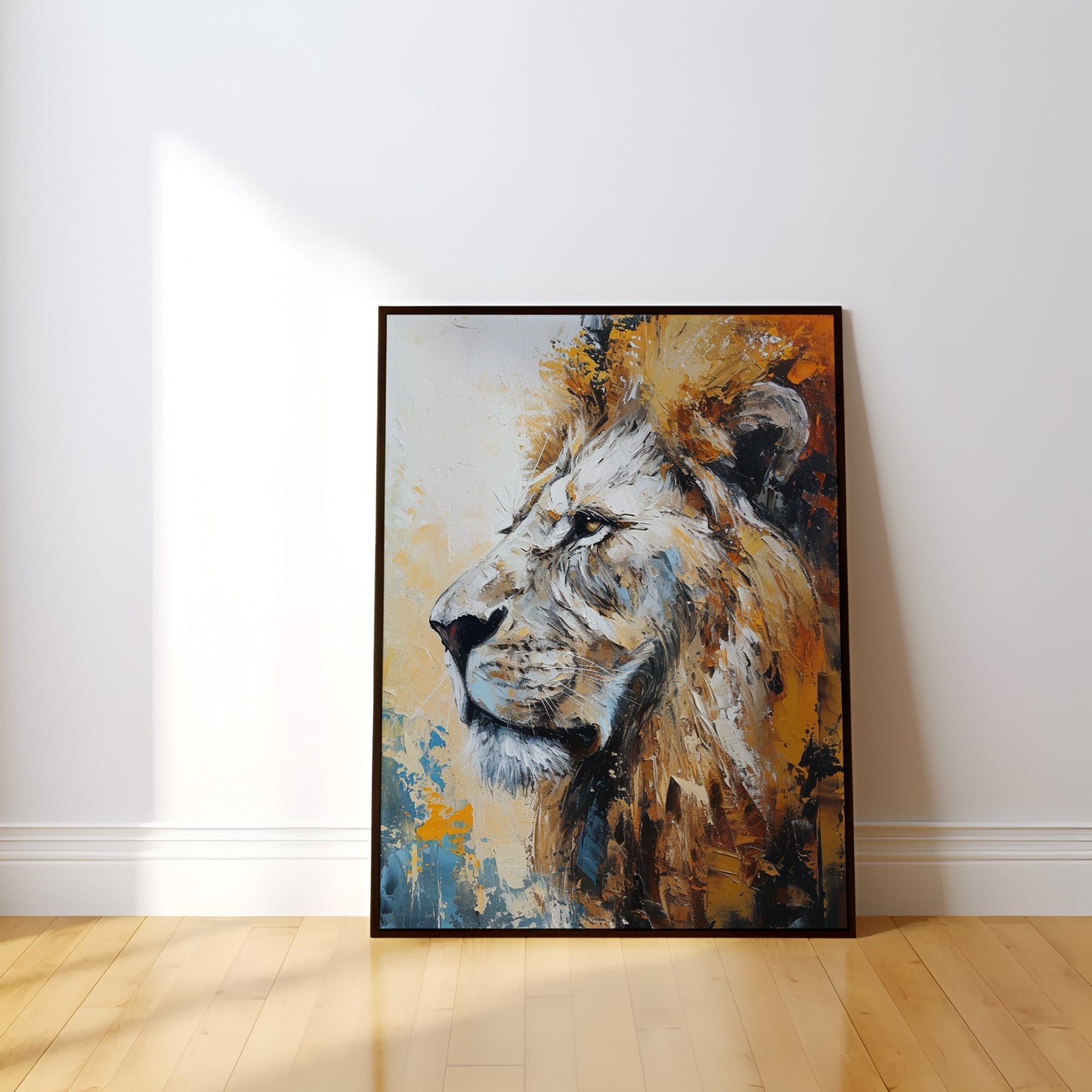 The Azure King: Abstract Lion Portrait in Blue & Gold | Majestic & Modern Wall Art