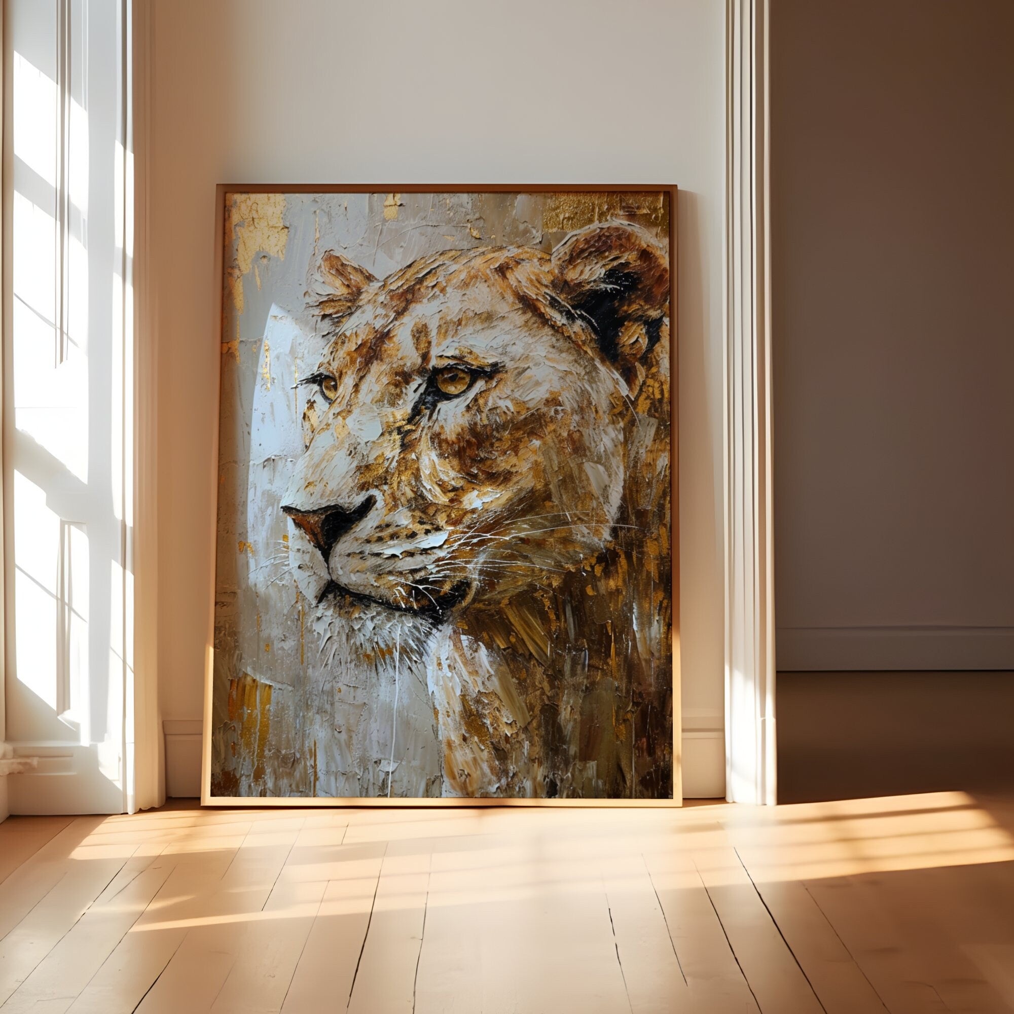 The Golden Queen: Majestic Lioness Abstract | Modern Farmhouse & Temporal Impressionist Art