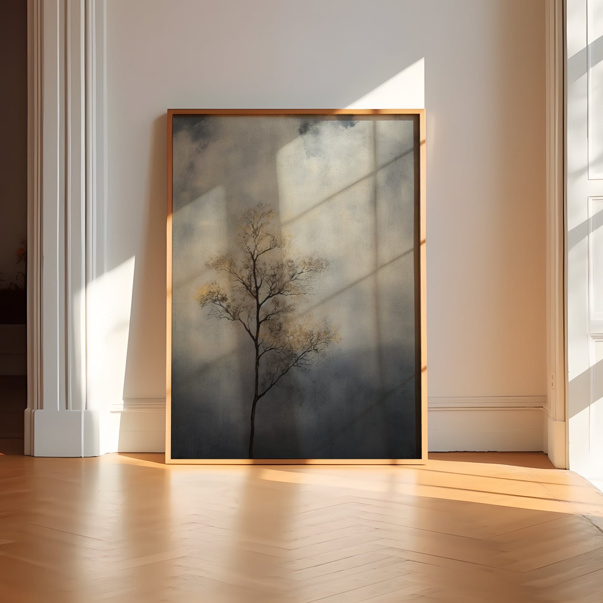 The Watcher: Vintage Moody Tree & Cloud Art | Minimalist & Serene Wall Decor