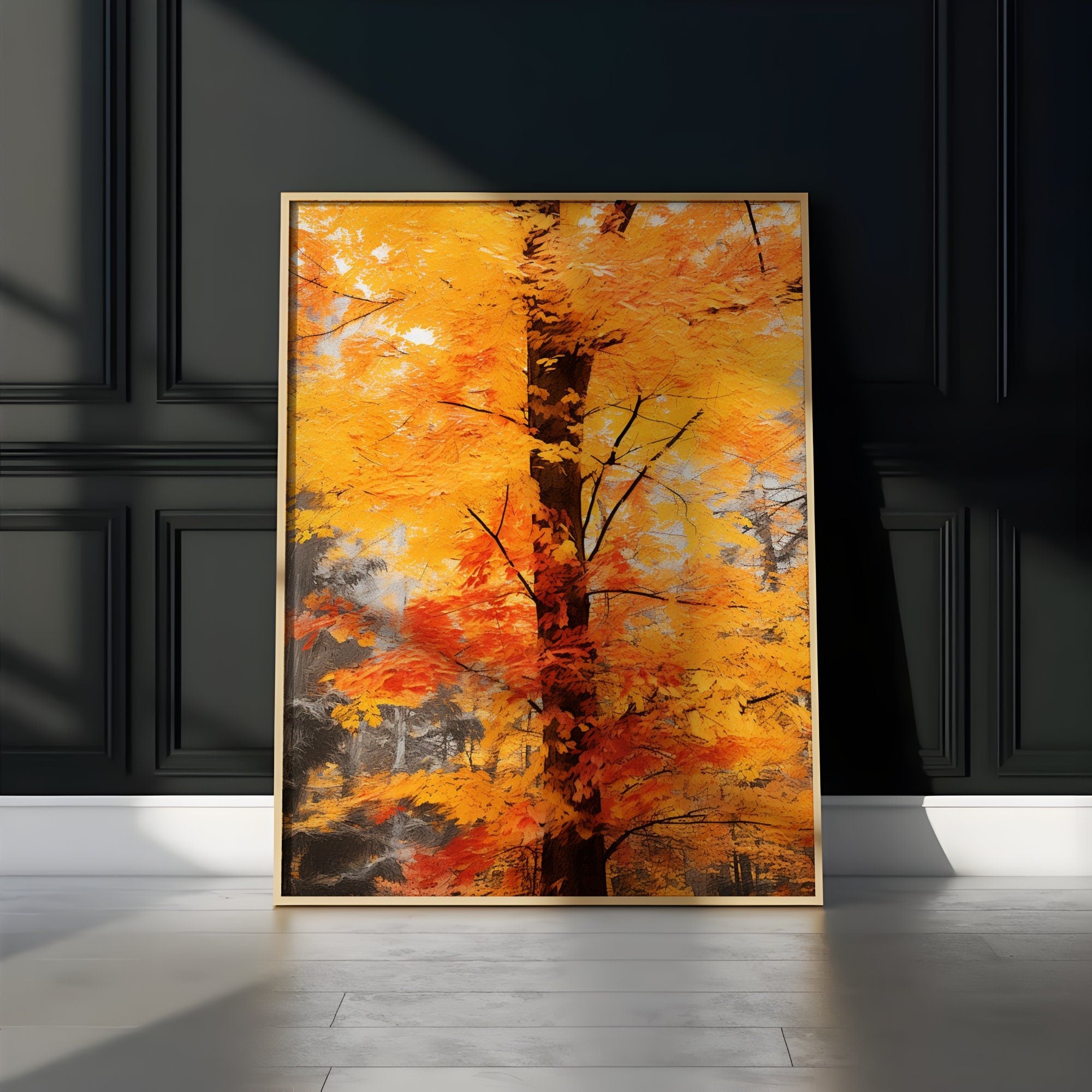 The Autumn Soul: Abstract Impressionist Tree in Red & Gold | Temporal & Vibrant Wall Art