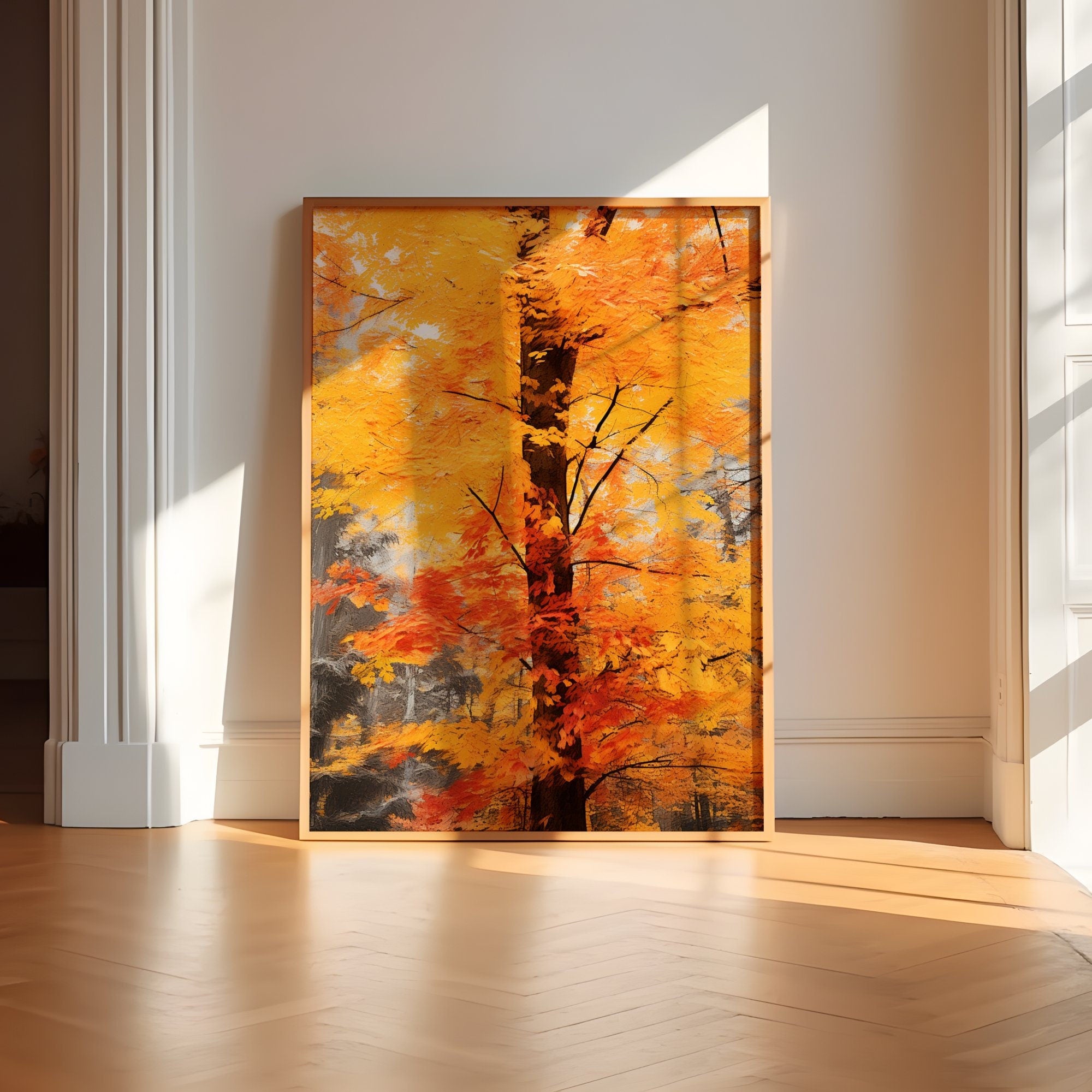 The Autumn Soul: Abstract Impressionist Tree in Red & Gold | Temporal & Vibrant Wall Art