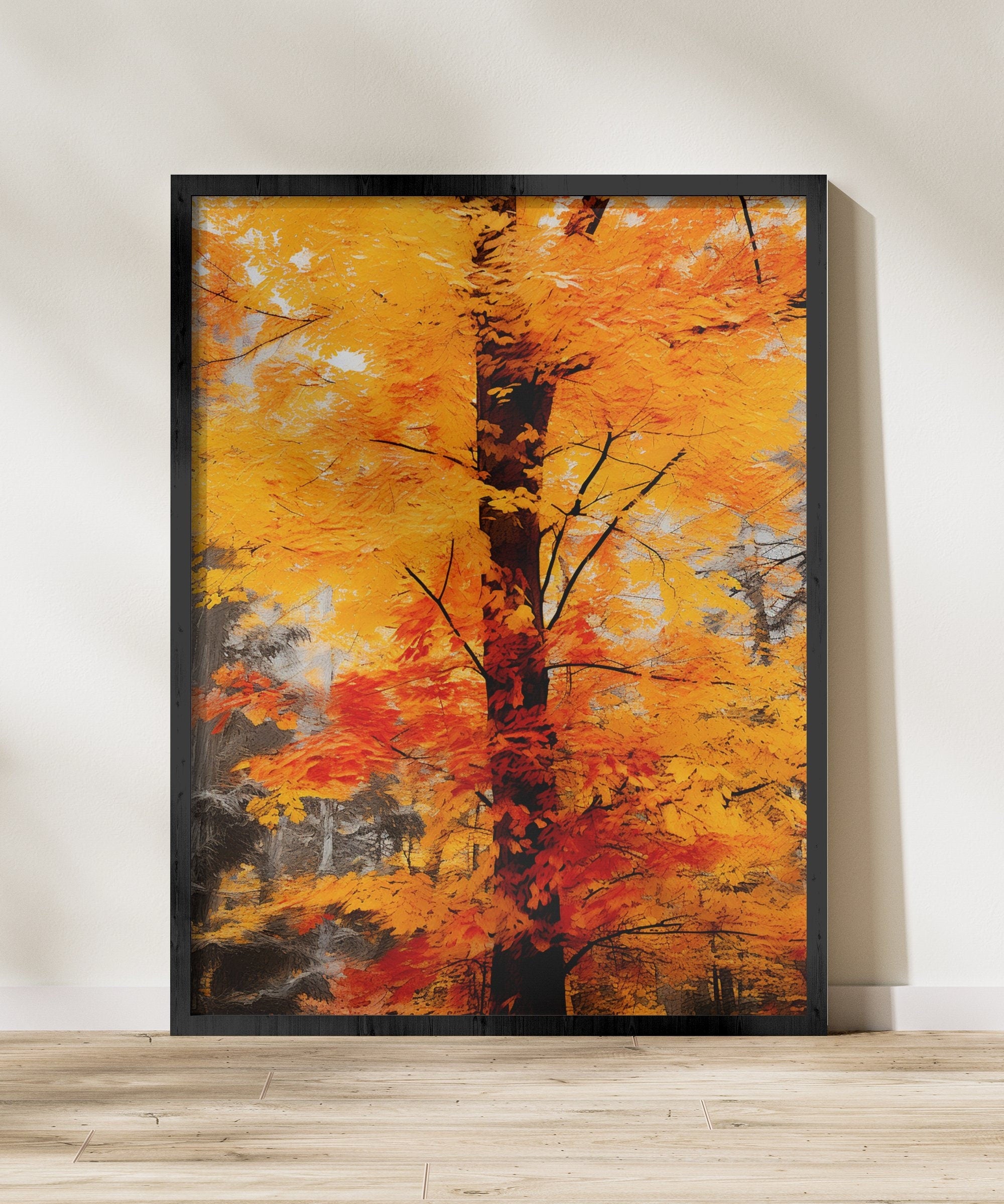 The Autumn Soul: Abstract Impressionist Tree in Red & Gold | Temporal & Vibrant Wall Art