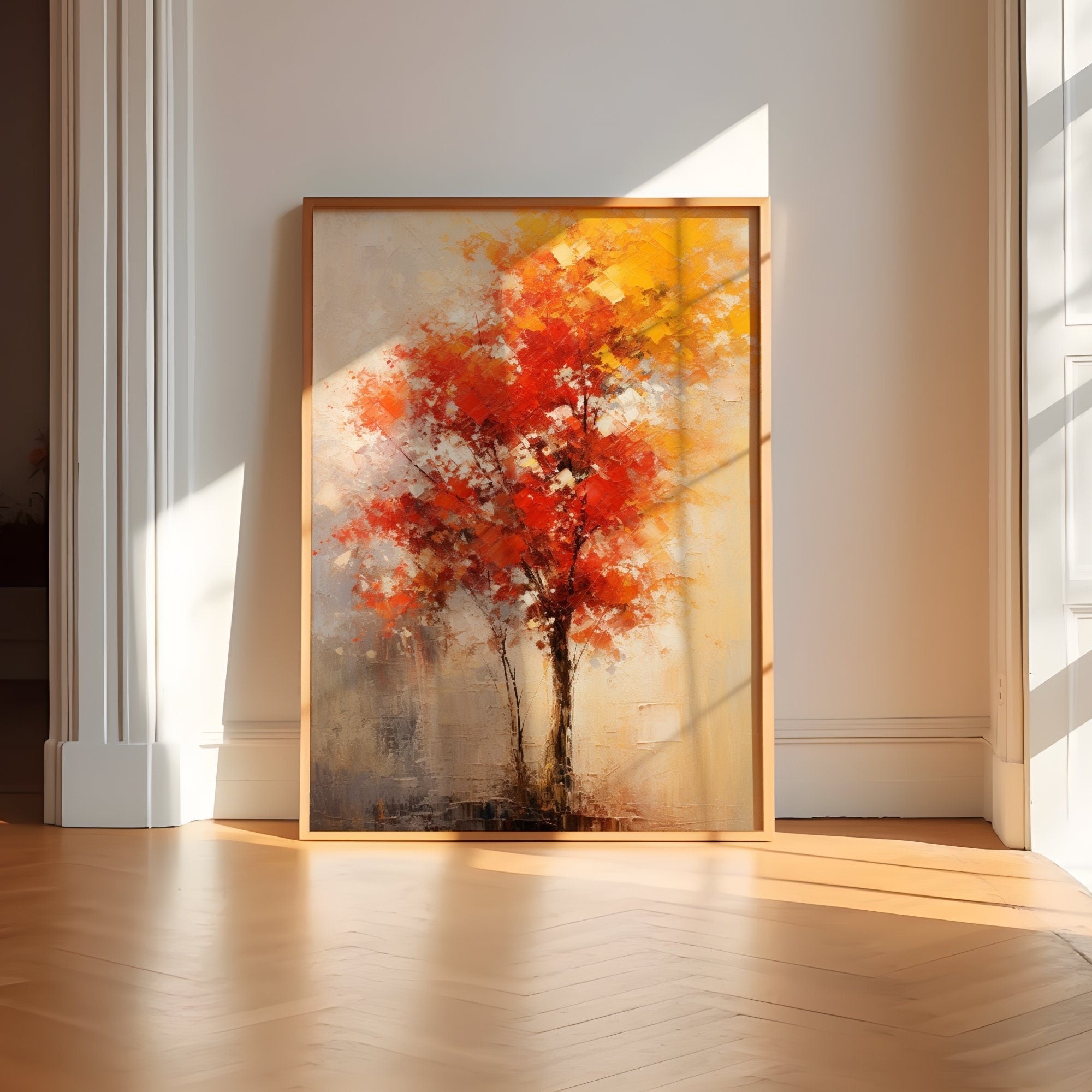 The Autumn Soul: Abstract Impressionist Tree in Red & Gold | Temporal & Vibrant Wall Art
