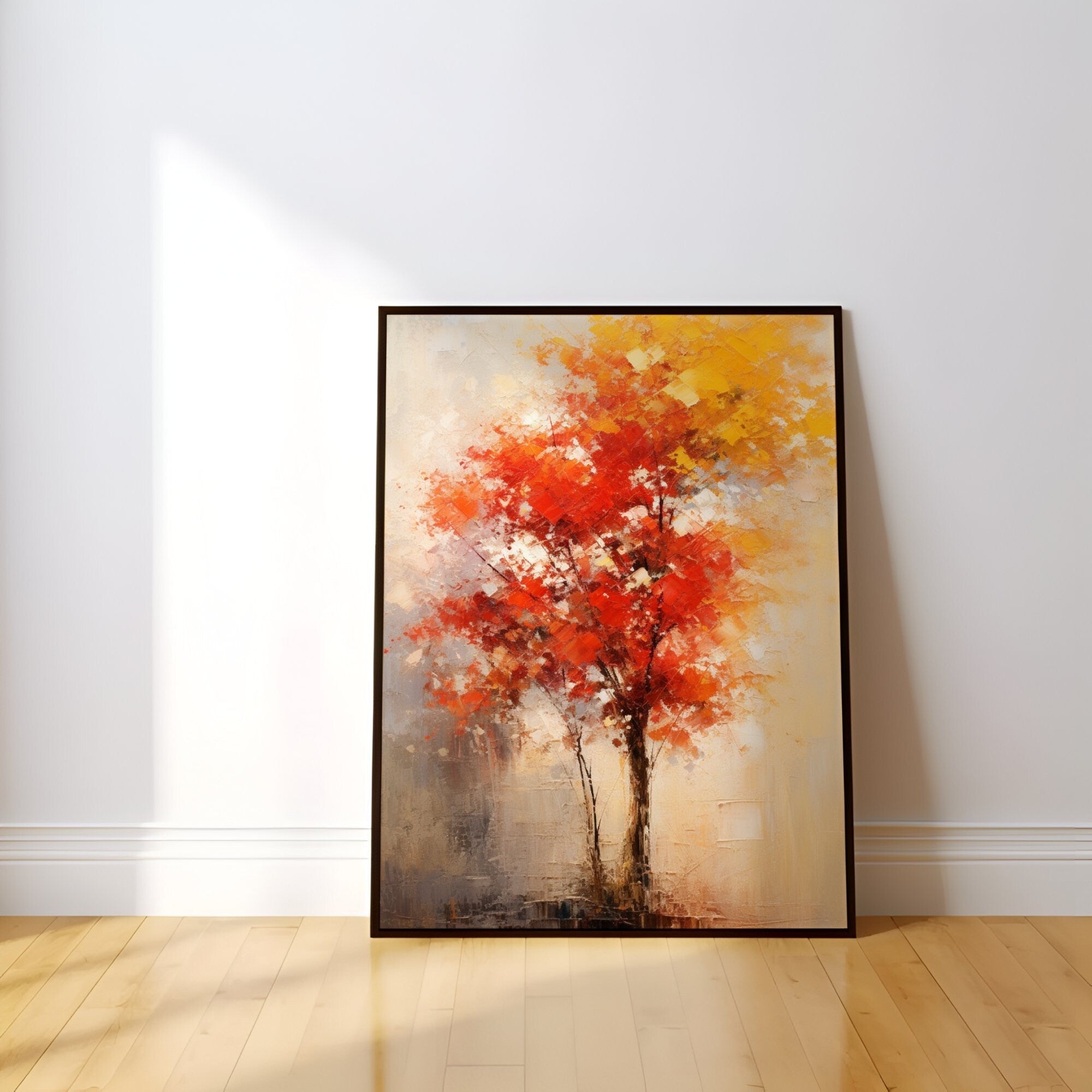 The Autumn Soul: Abstract Impressionist Tree in Red & Gold | Temporal & Vibrant Wall Art