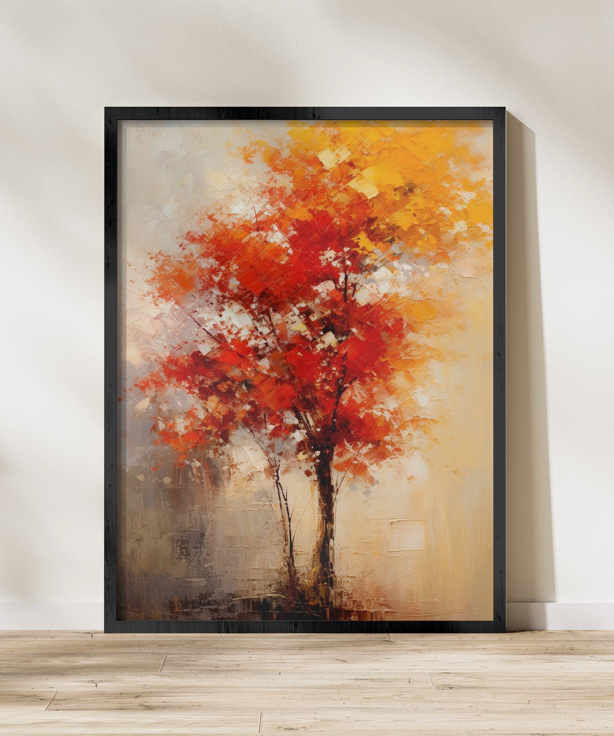 The Autumn Soul: Abstract Impressionist Tree in Red & Gold | Temporal & Vibrant Wall Art
