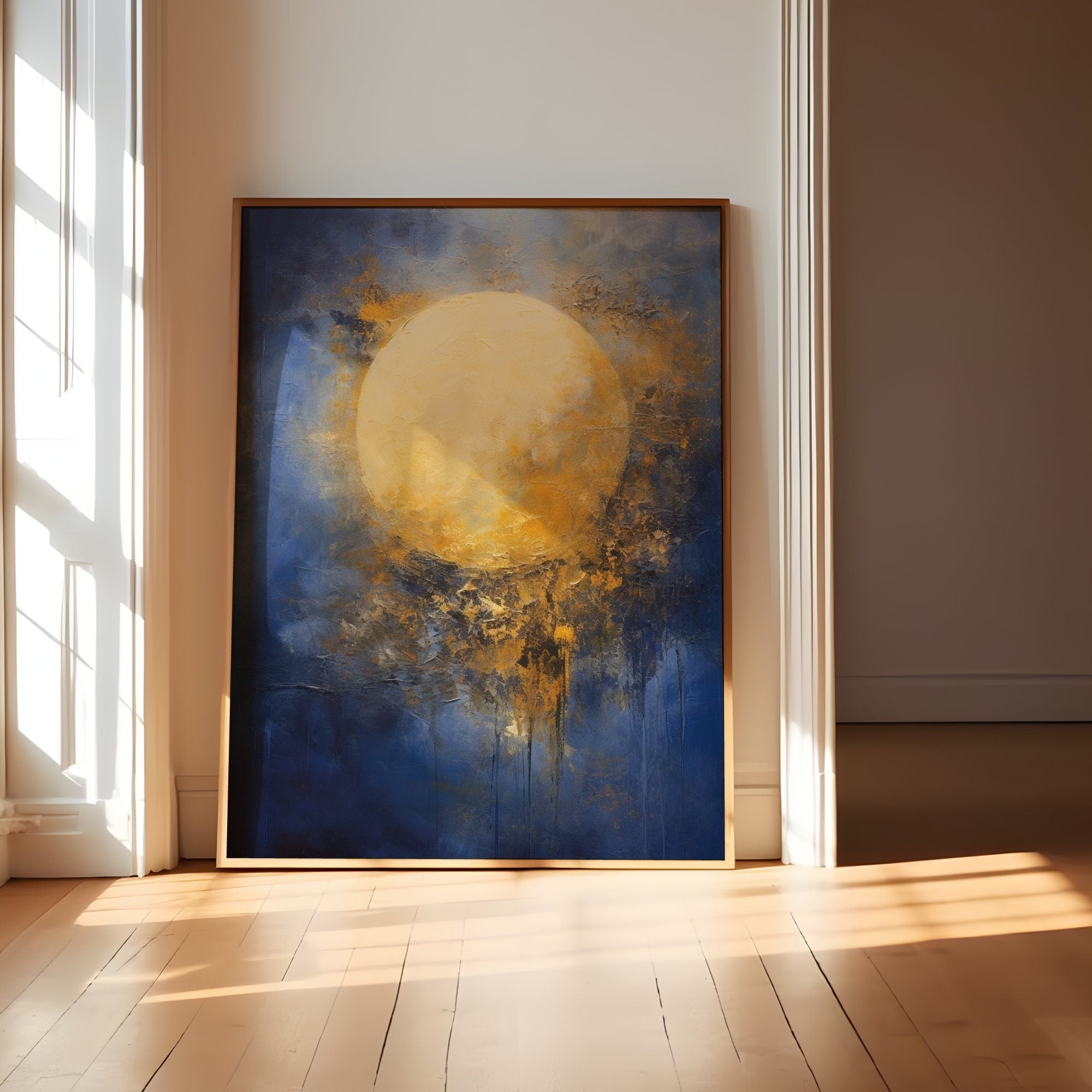 The Celestial Dream: Impressionist Moon in Blue & Gold | Abstract & Timeless Wall Art