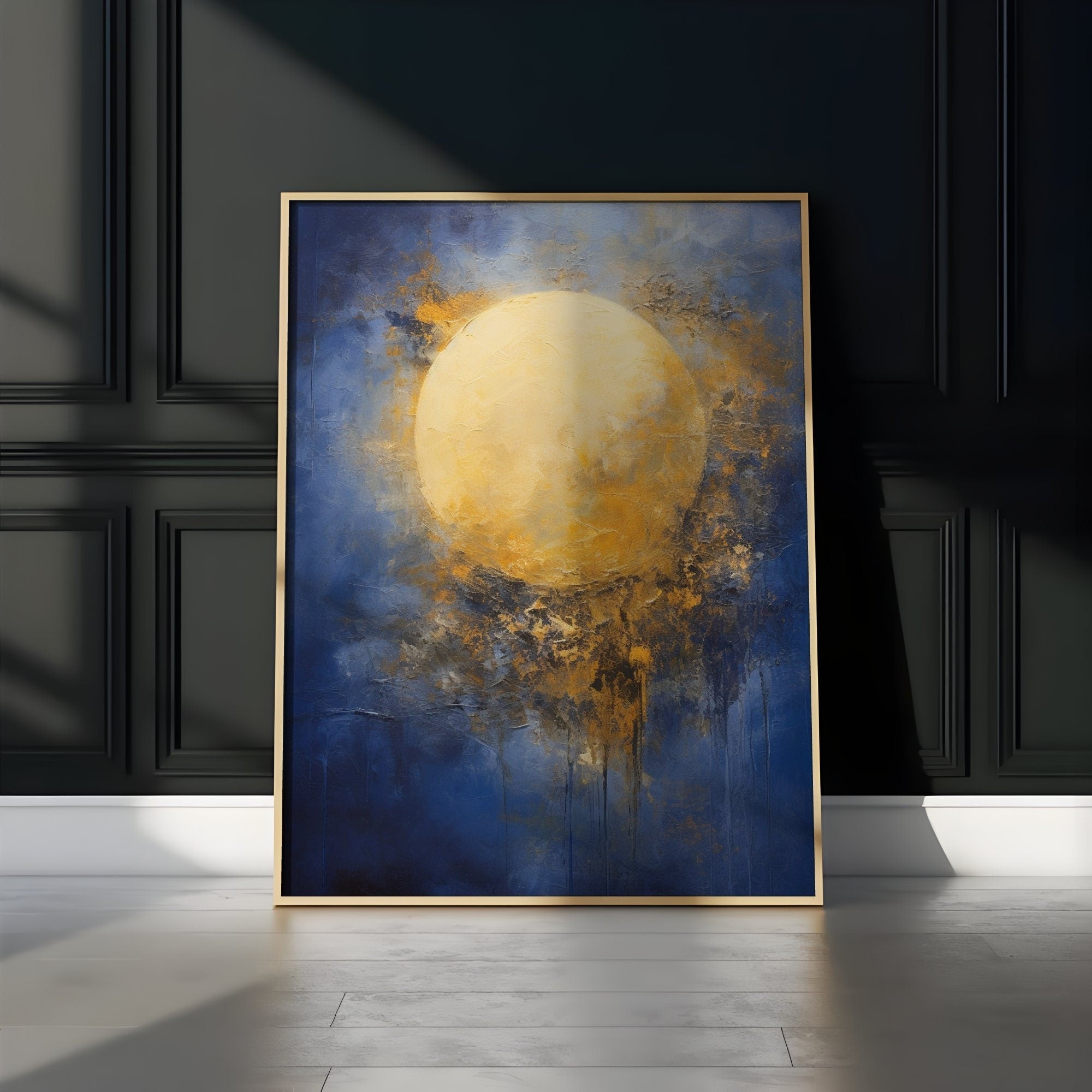 The Celestial Dream: Impressionist Moon in Blue & Gold | Abstract & Timeless Wall Art