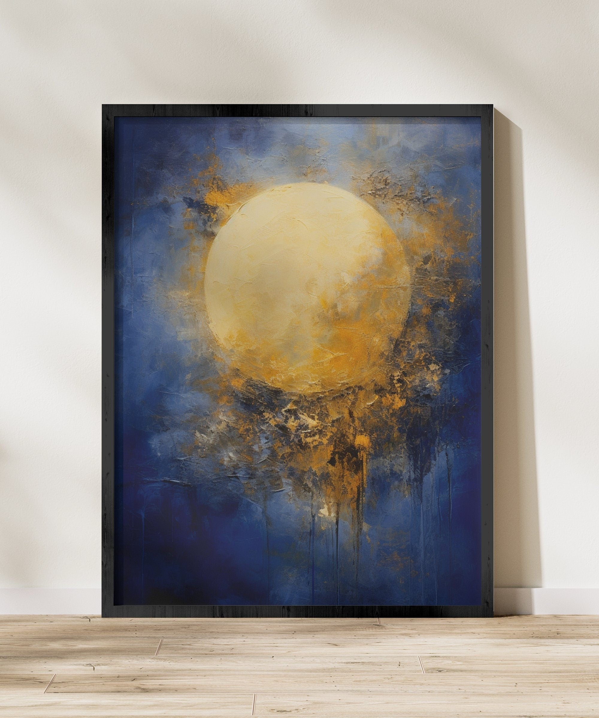 The Celestial Dream: Impressionist Moon in Blue & Gold | Abstract & Timeless Wall Art