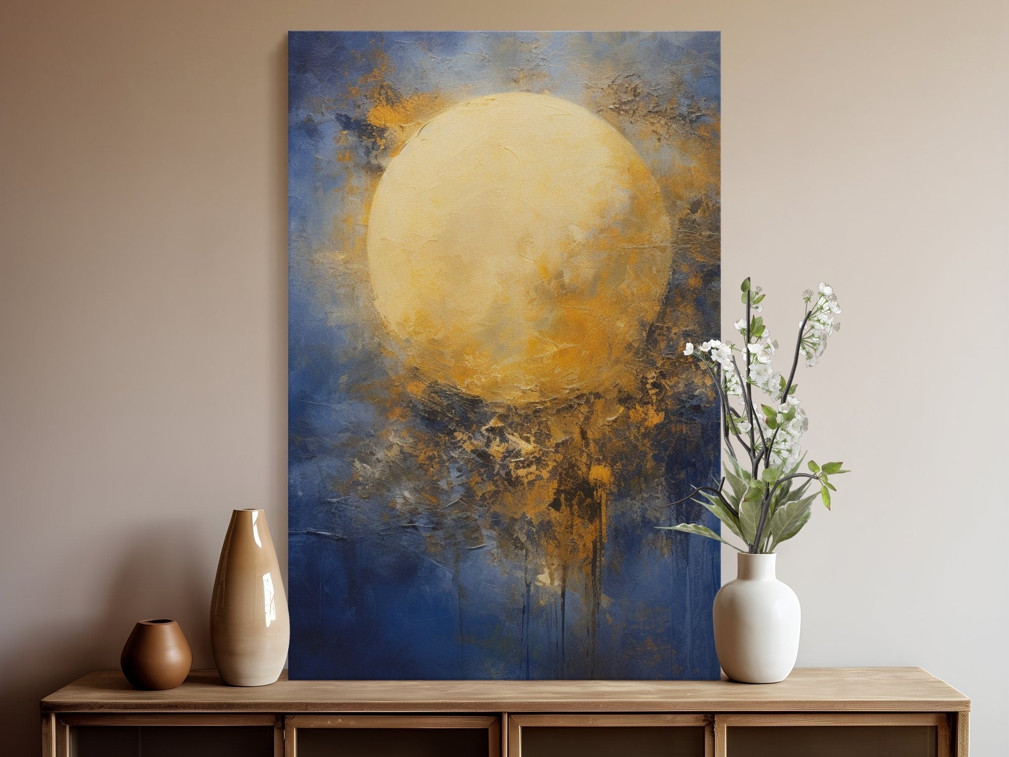 The Celestial Dream: Impressionist Moon in Blue & Gold | Abstract & Timeless Wall Art
