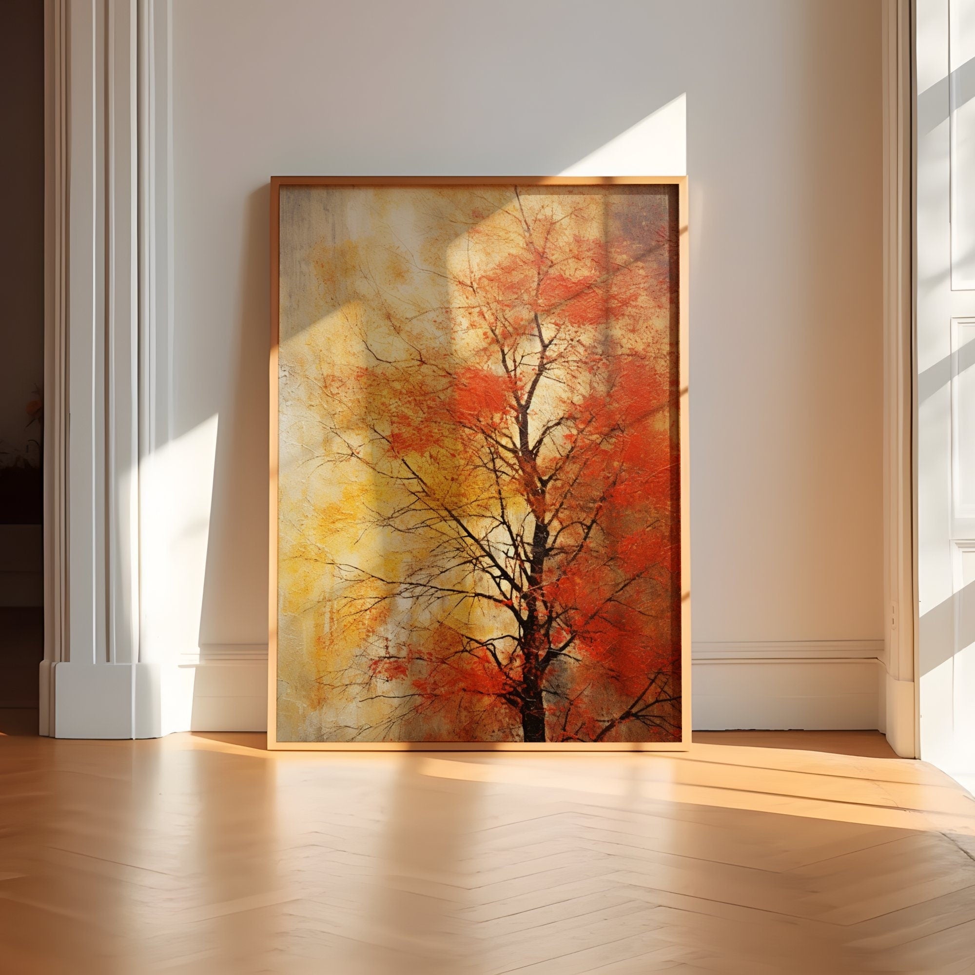 The Autumn Soul: Abstract Impressionist Tree in Red & Gold | Temporal & Vibrant Wall Art