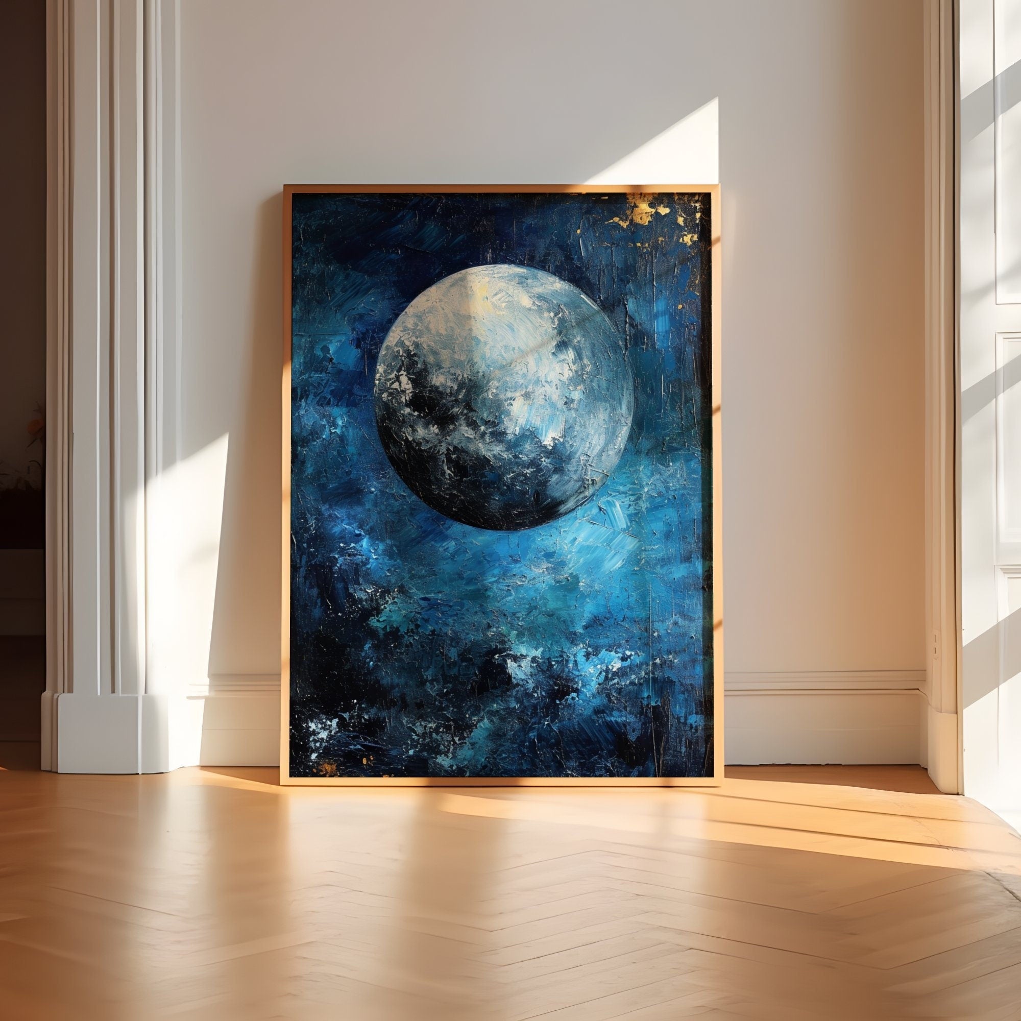 The Midnight Sun: Persian Blue Abstract Moon Art | Deep Blue & Serene Wall Decor