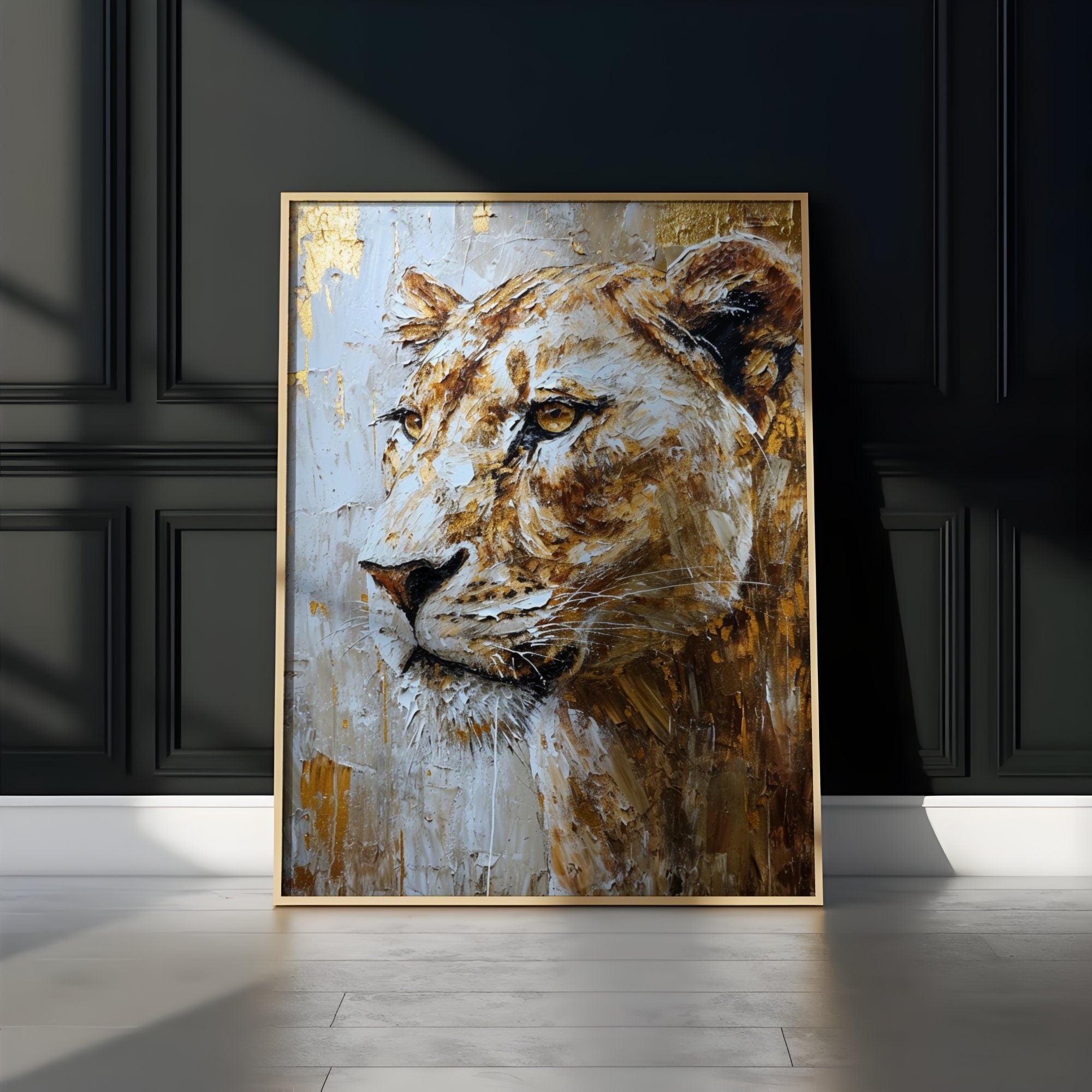 The Golden Queen: Majestic Lioness Abstract | Modern Farmhouse & Temporal Impressionist Art