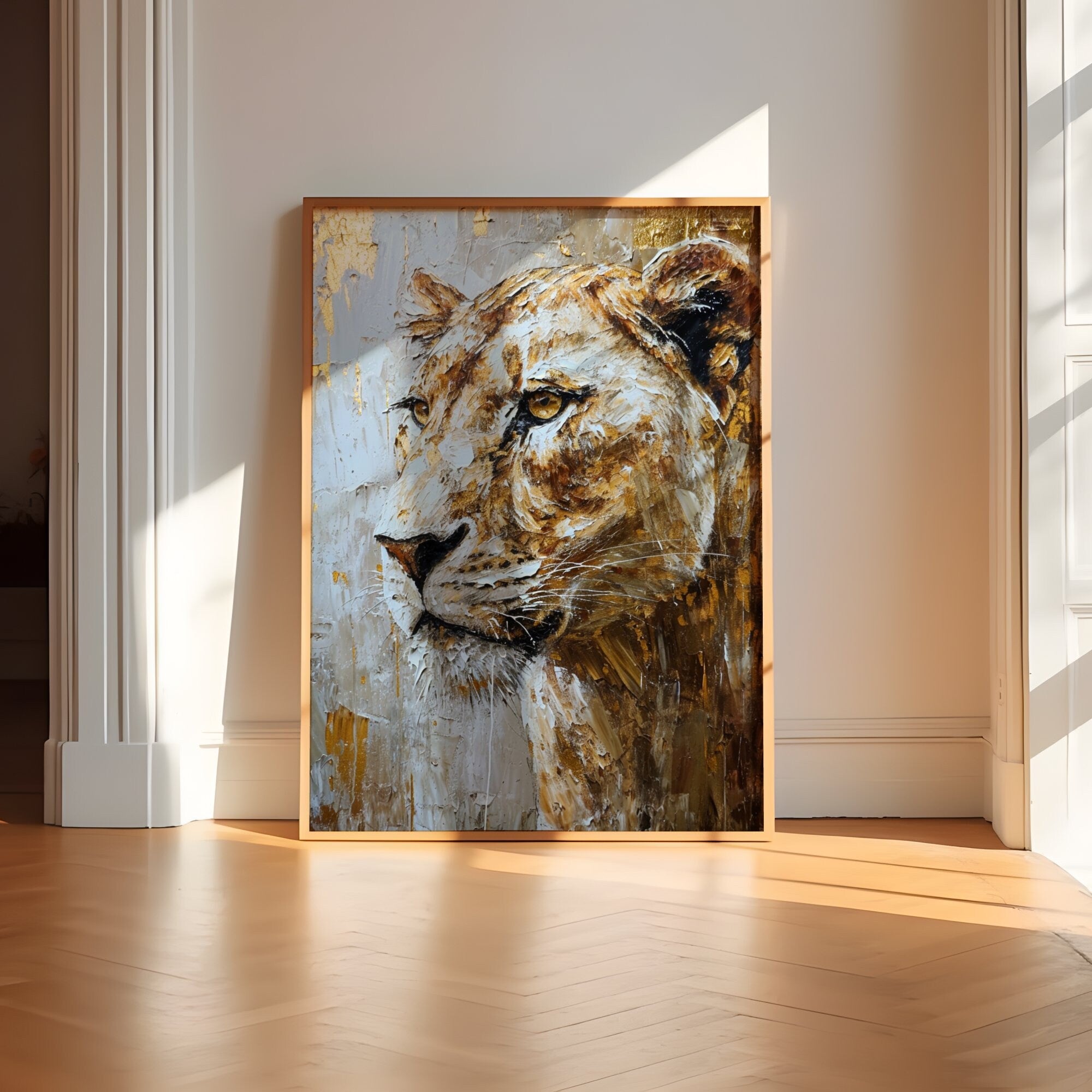 The Golden Queen: Majestic Lioness Abstract | Modern Farmhouse & Temporal Impressionist Art
