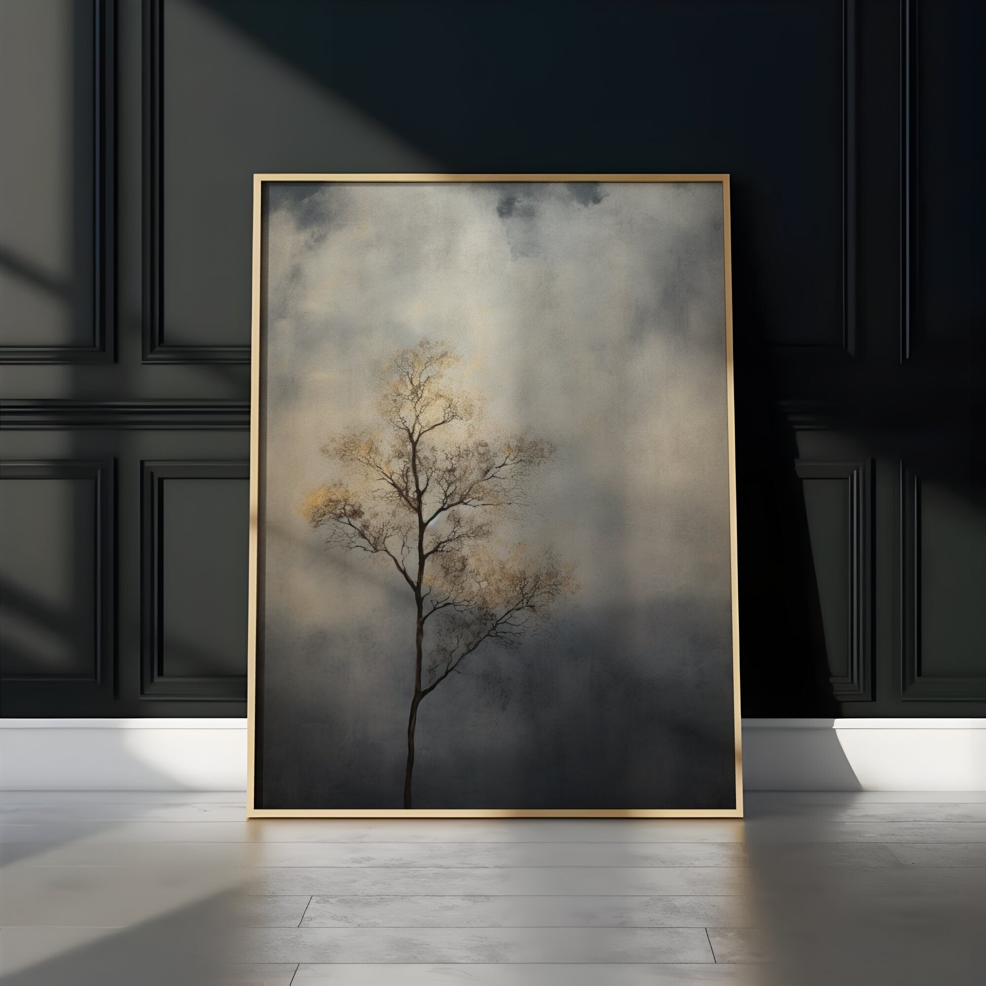 The Watcher: Vintage Moody Tree & Cloud Art | Minimalist & Serene Wall Decor