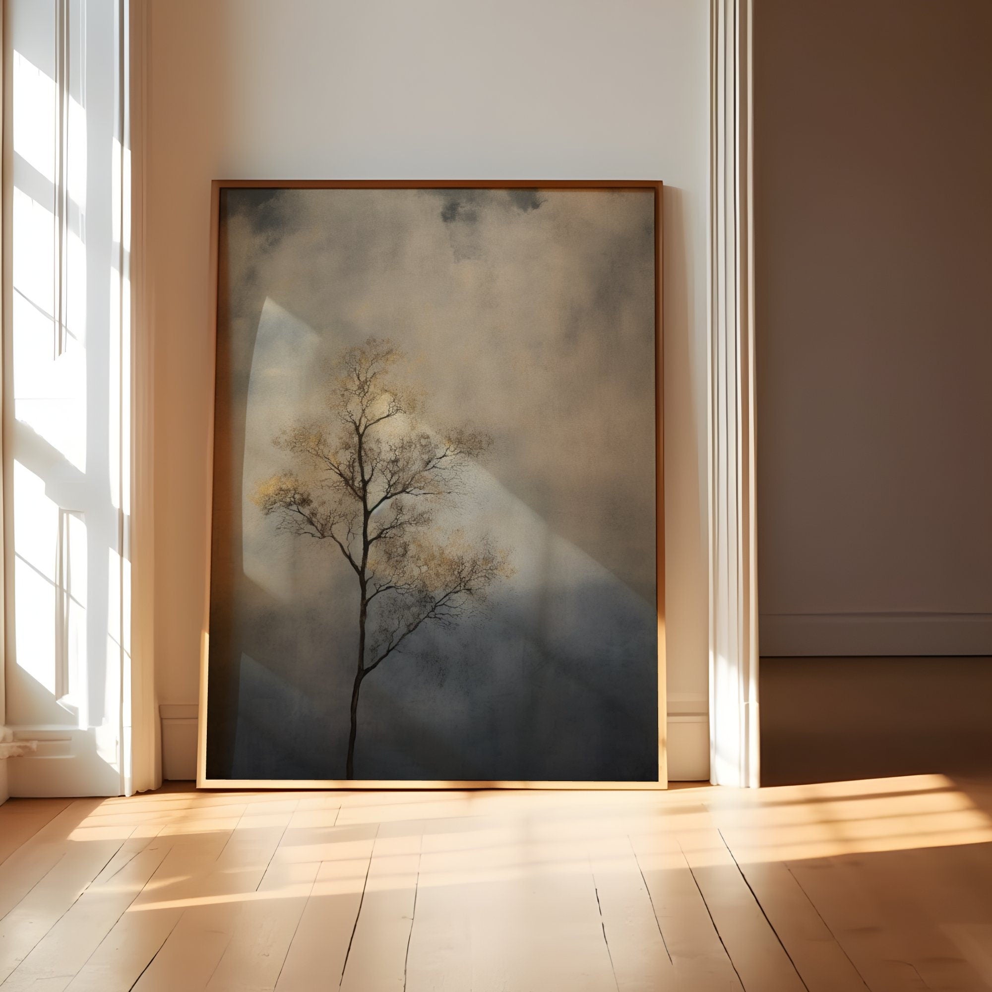 The Watcher: Vintage Moody Tree & Cloud Art | Minimalist & Serene Wall Decor