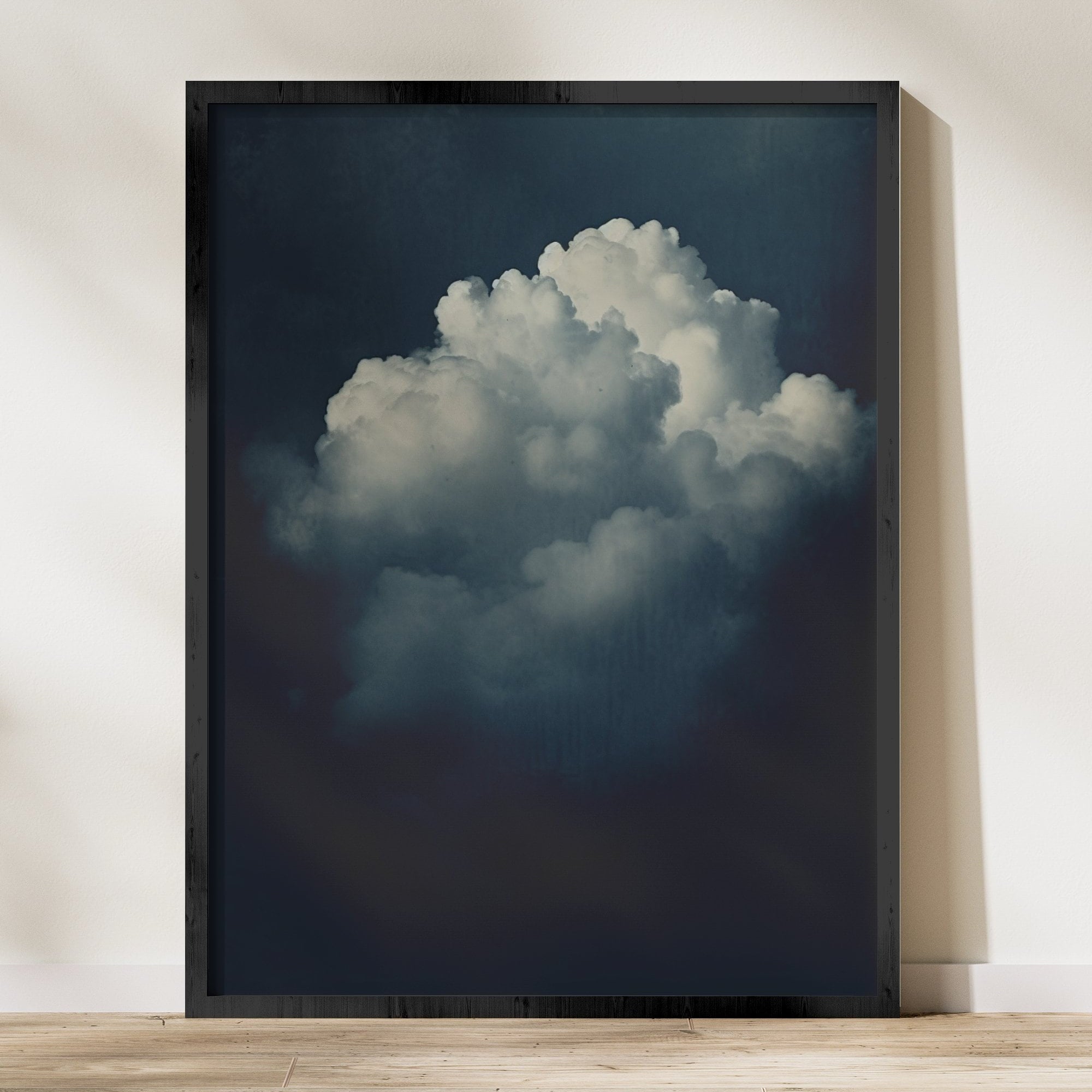 Azure Elegance: Vintage Moody Clouds Art | Minimalist Blue & Black Wall Decor