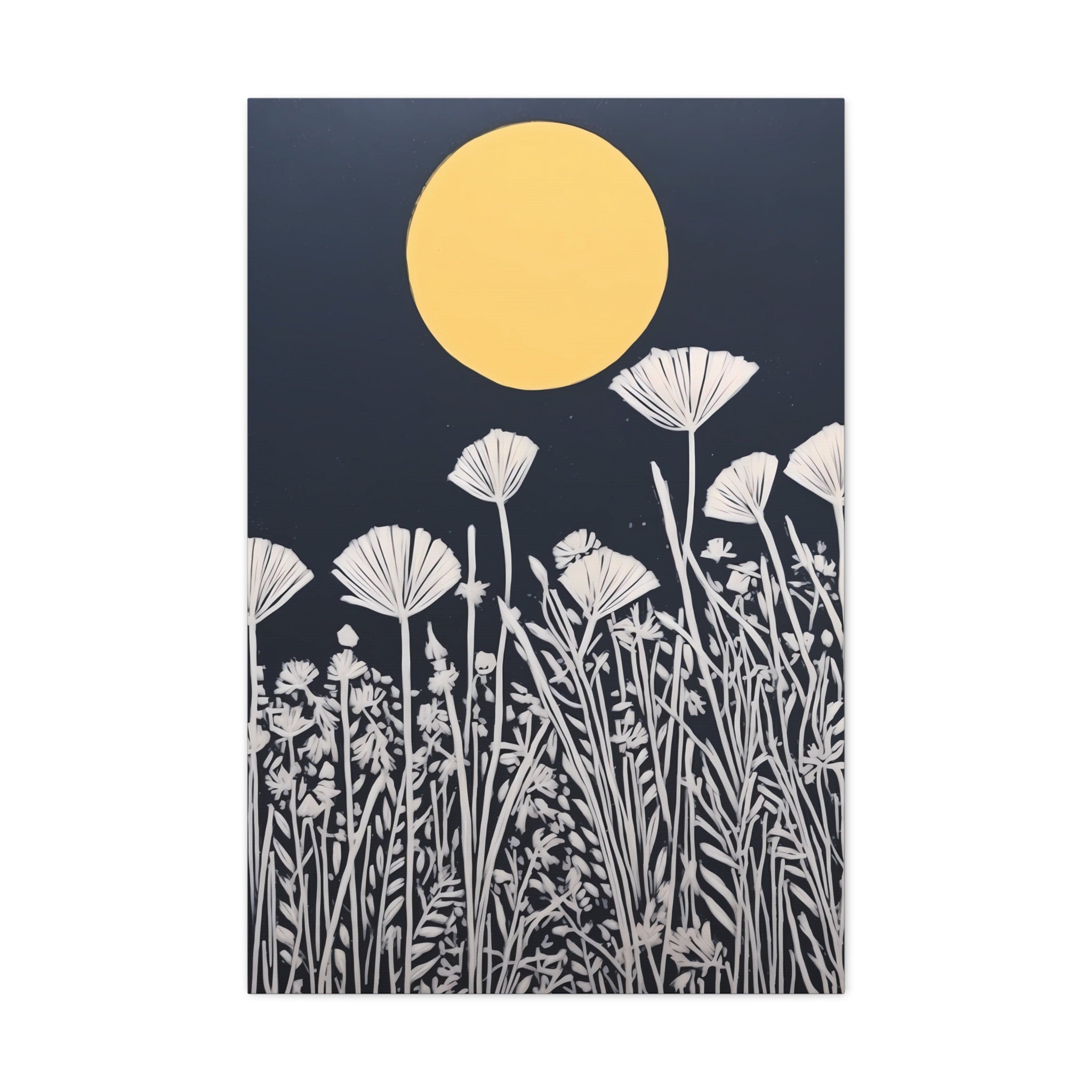Moonlit Serenity: Yellow Moon & White Floral Art | Persian Blue Minimalist Wall Decor