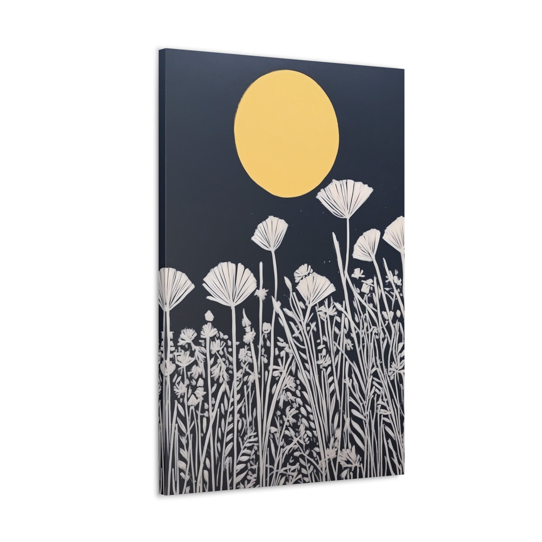 Moonlit Serenity: Yellow Moon & White Floral Art | Persian Blue Minimalist Wall Decor