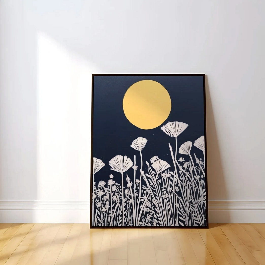Moonlit Serenity: Yellow Moon & White Floral Art | Persian Blue Minimalist Wall Decor