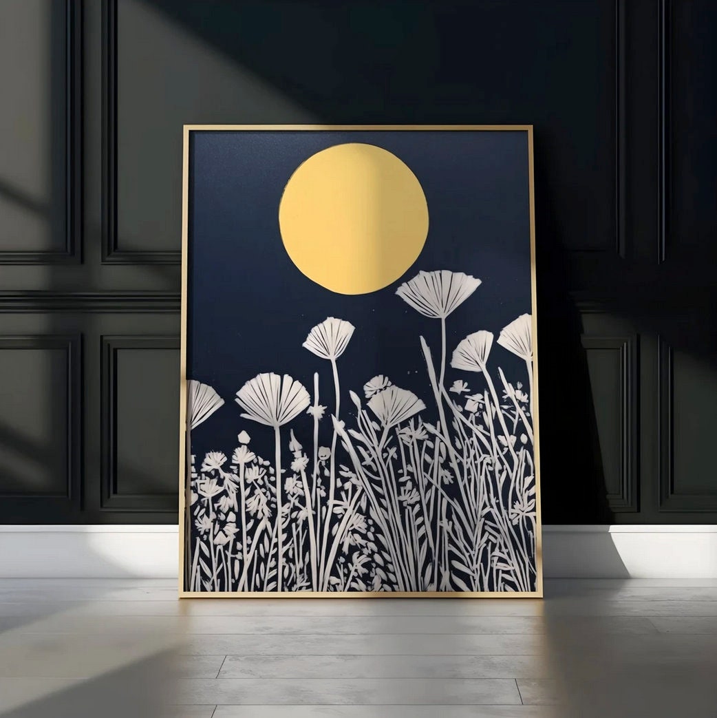 Moonlit Serenity: Yellow Moon & White Floral Art | Persian Blue Minimalist Wall Decor
