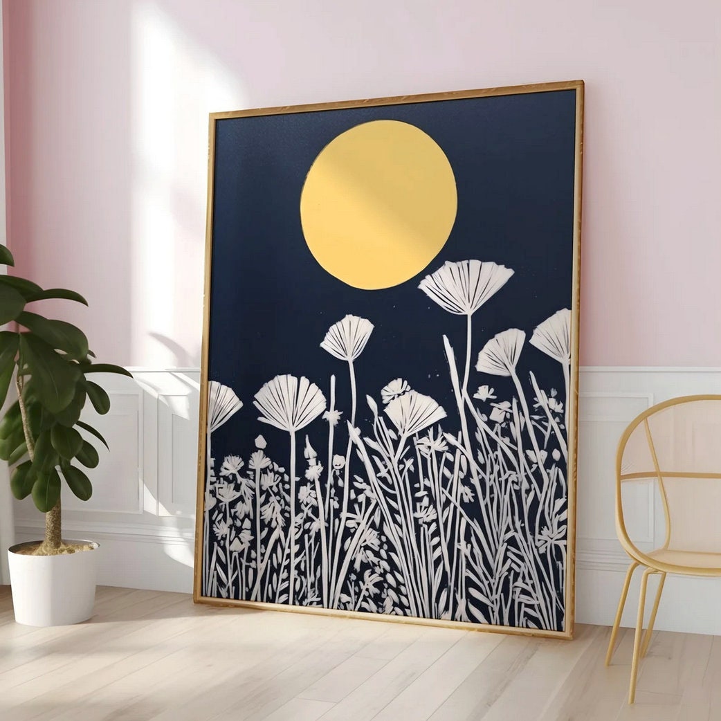 Moonlit Serenity: Yellow Moon & White Floral Art | Persian Blue Minimalist Wall Decor