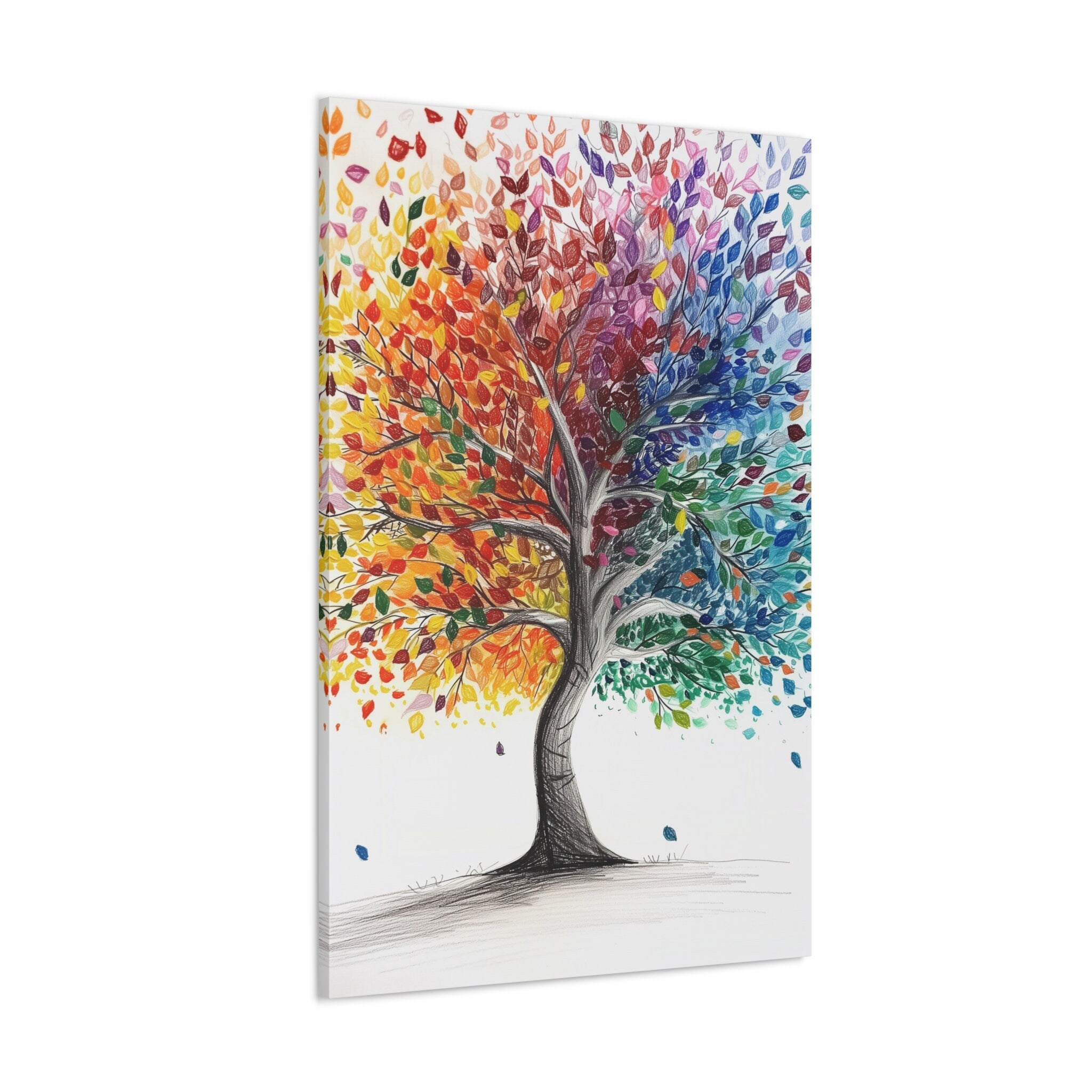 Colorful Tree Leaves Black and White Tree Pencil Art Dual-Theme Interactive Wall Art