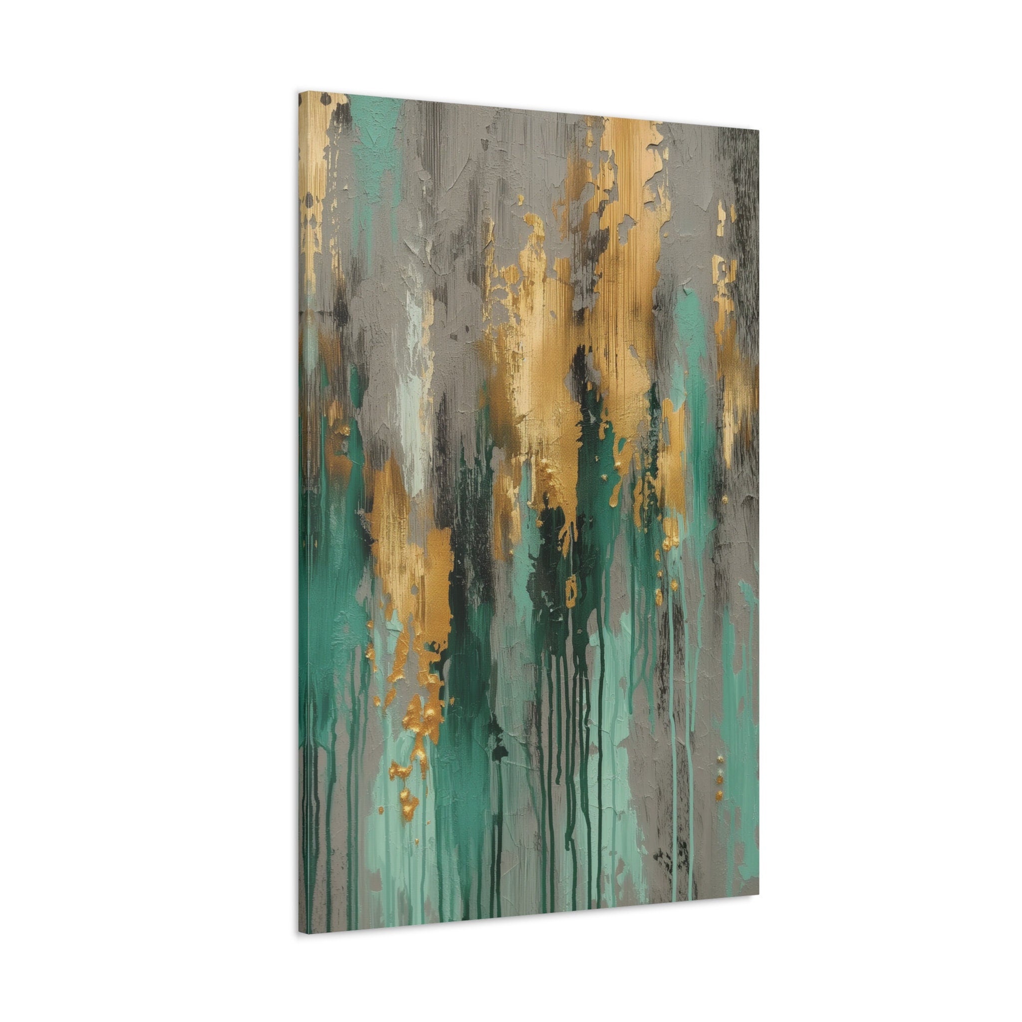 Modern Abstract Dripping Fine Art Paint in Grays, Gold, Green Teal Hues Interactive Wall Art