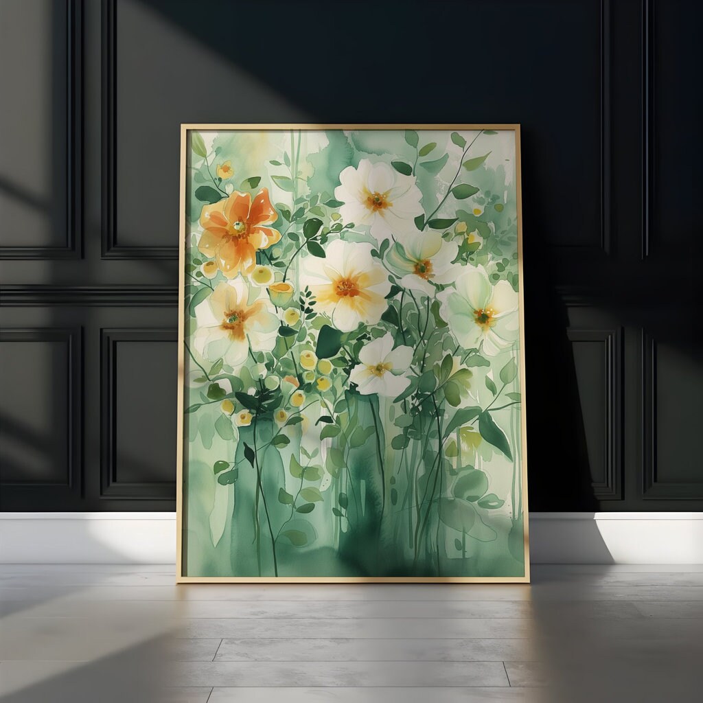 Verdant Bloom: Green & White Abstract Floral Watercolor | Serene & Elegant Botanical Wall Art