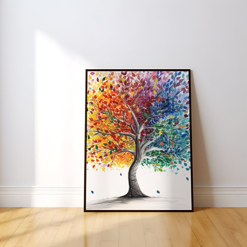 Colorful Tree Leaves Black and White Tree Pencil Art Dual-Theme Interactive Wall Art