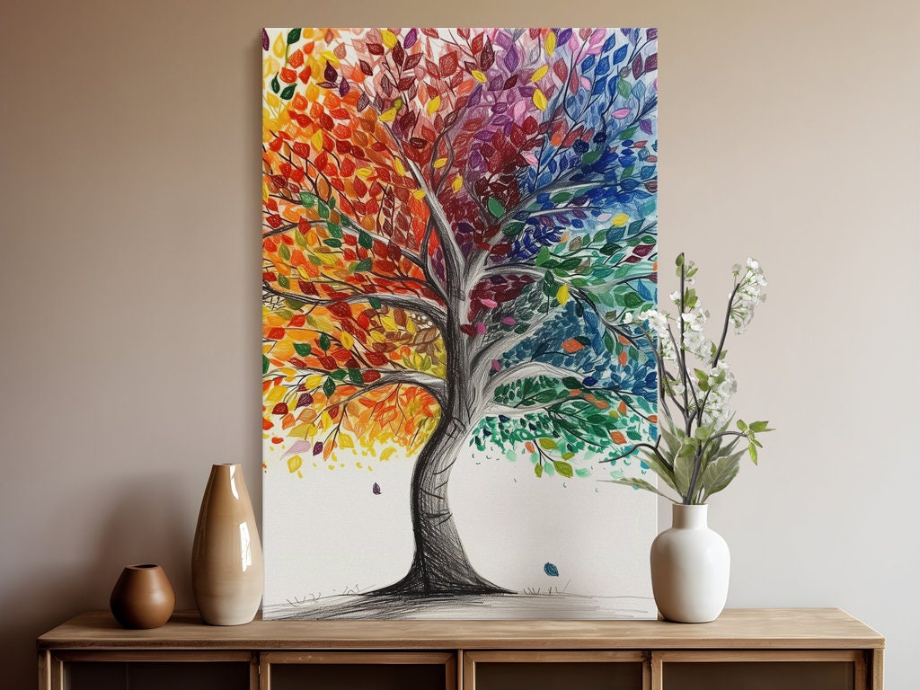 Colorful Tree Leaves Black and White Tree Pencil Art Dual-Theme Interactive Wall Art