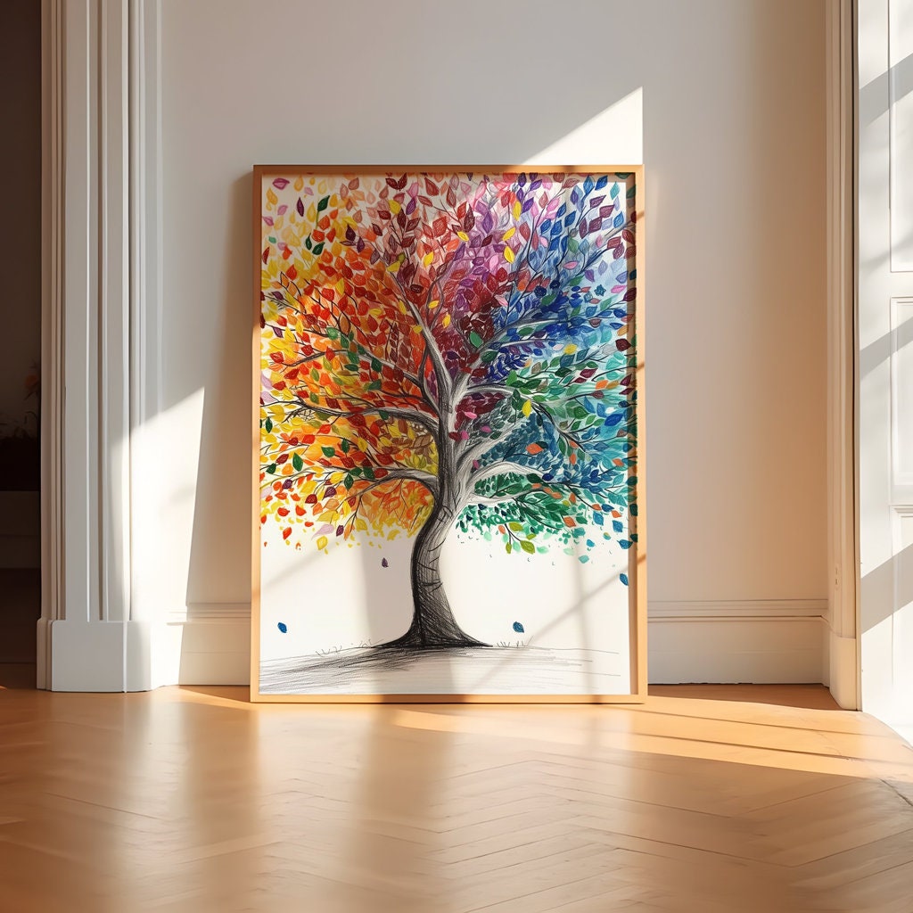 Colorful Tree Leaves Black and White Tree Pencil Art Dual-Theme Interactive Wall Art