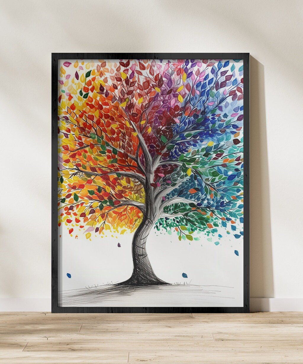 Colorful Tree Leaves Black and White Tree Pencil Art Dual-Theme Interactive Wall Art