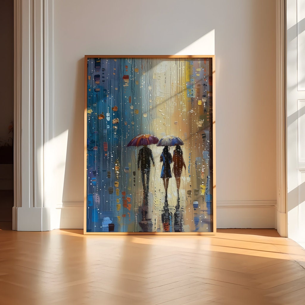 People Walking in the Rain Atmospheric Urban Scene Interactive Wall Art