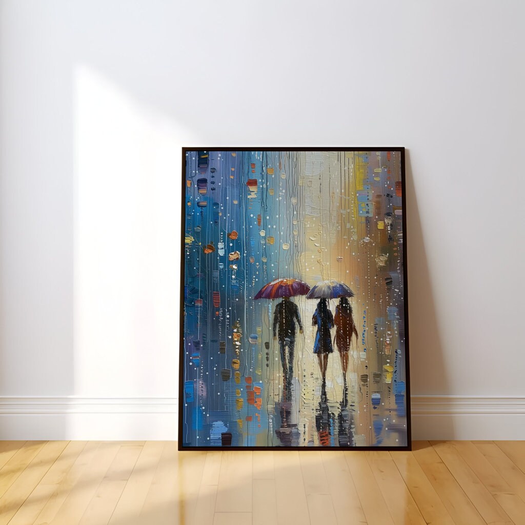 People Walking in the Rain Atmospheric Urban Scene Interactive Wall Art