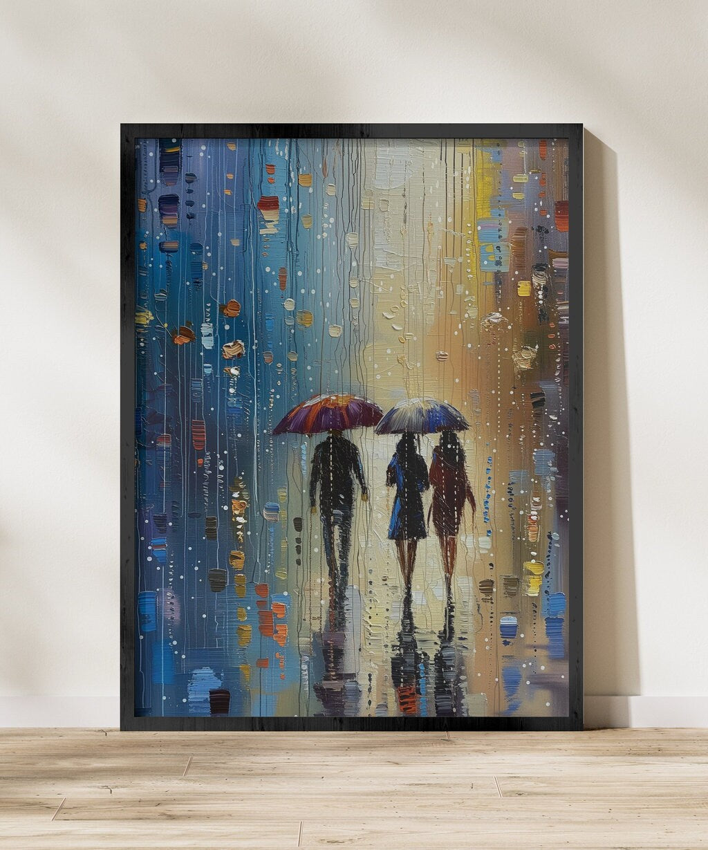 People Walking in the Rain Atmospheric Urban Scene Interactive Wall Art