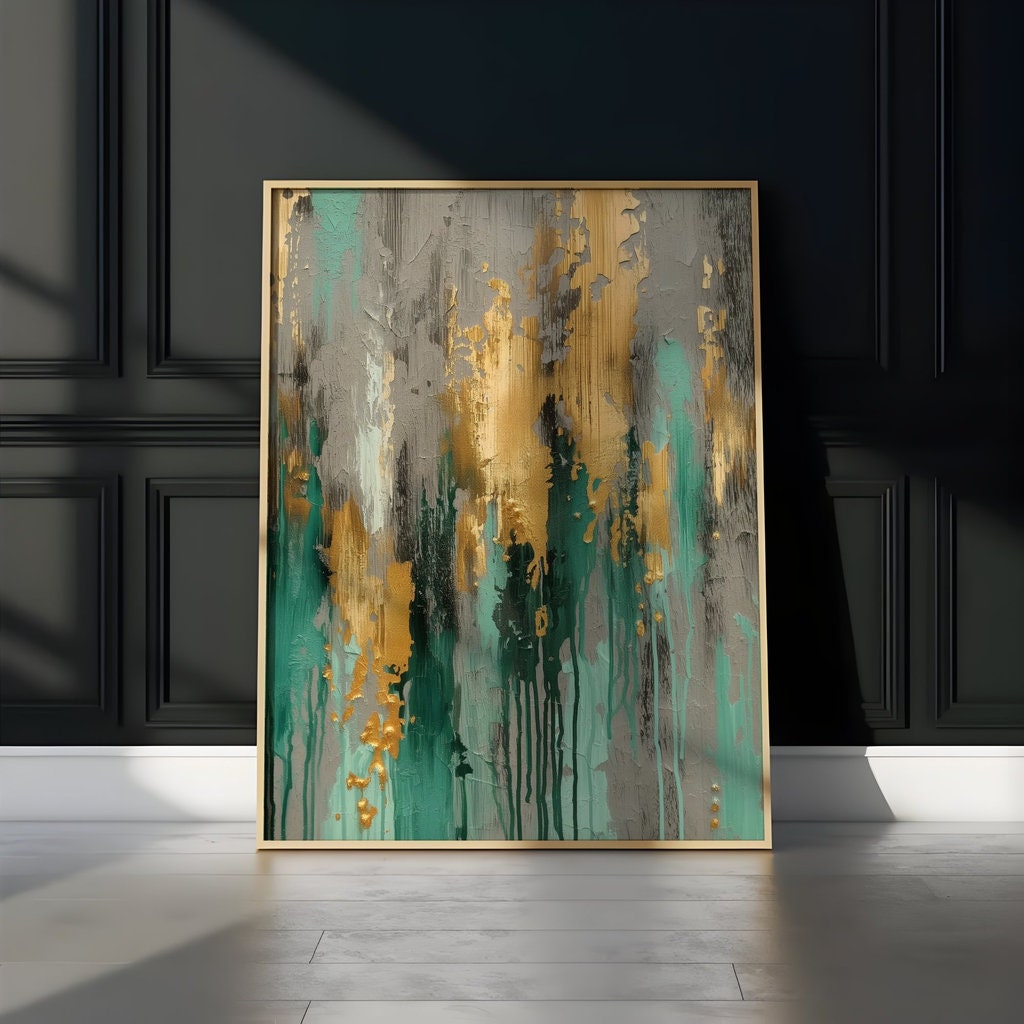 Modern Abstract Dripping Fine Art Paint in Grays, Gold, Green Teal Hues Interactive Wall Art