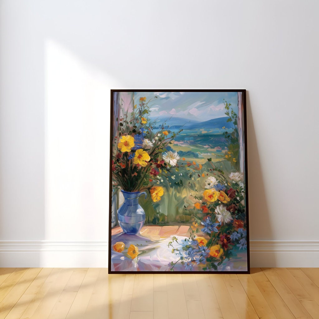 The Sanctuary Window: Cascading Flowers & Landscape View | Serene & Peaceful Wall Art