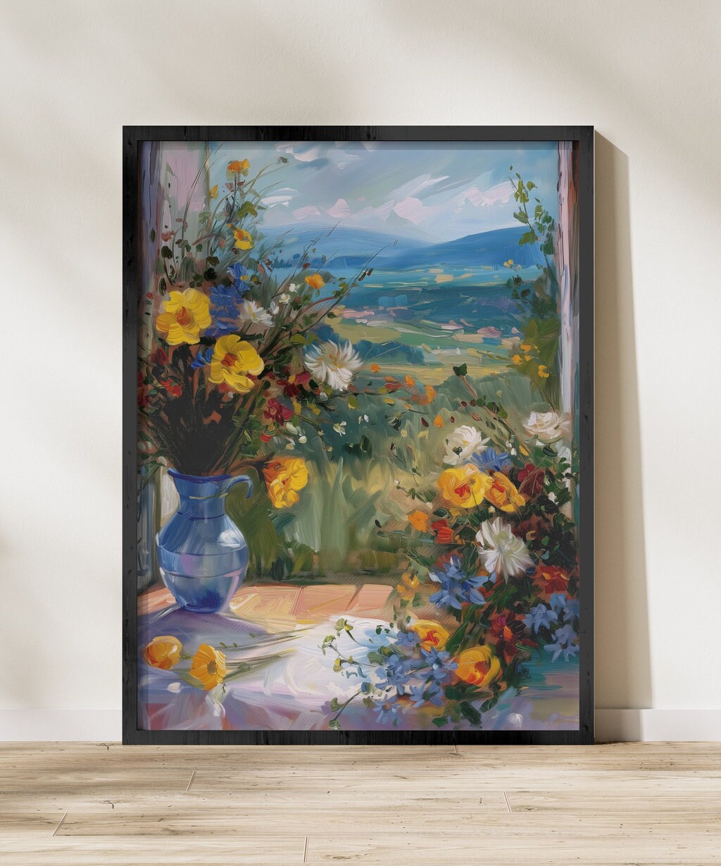 The Sanctuary Window: Cascading Flowers & Landscape View | Serene & Peaceful Wall Art