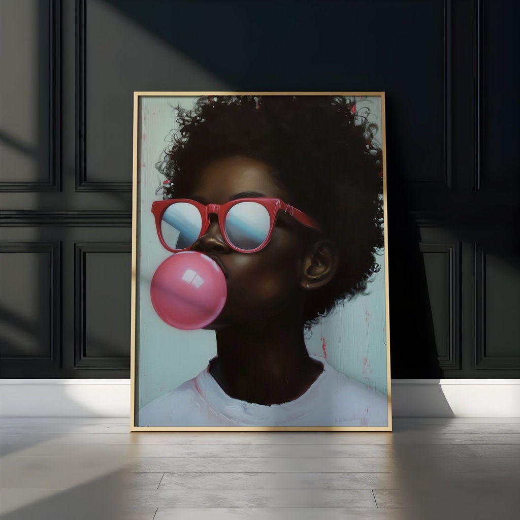 African American with Glasses Blowing Bubble Gum Modern Portrait Interactive Wall Art