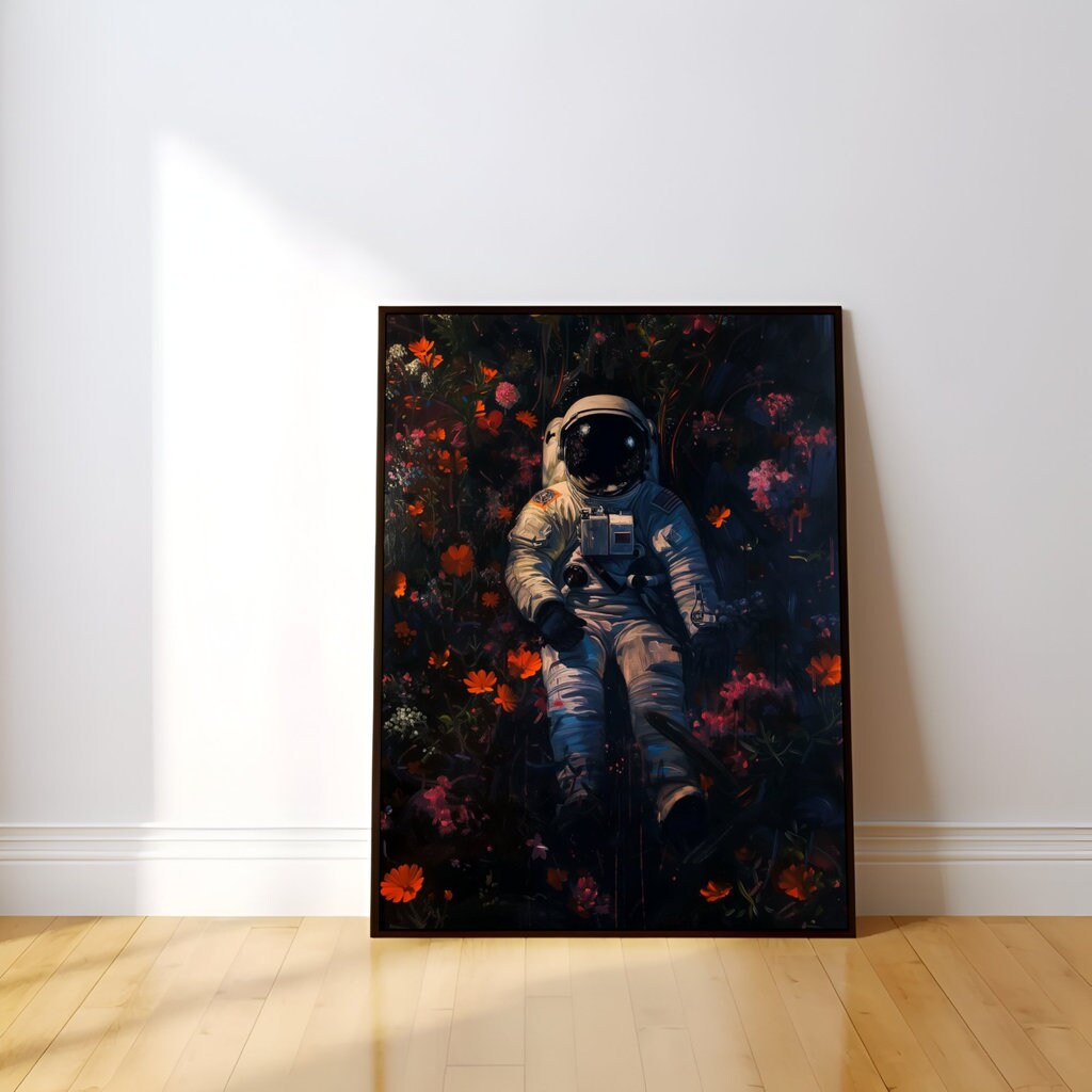 Astronaut with Floral Covering Dark Hue Interactive Wall Art