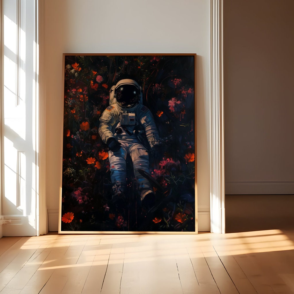 Astronaut with Floral Covering Dark Hue Interactive Wall Art