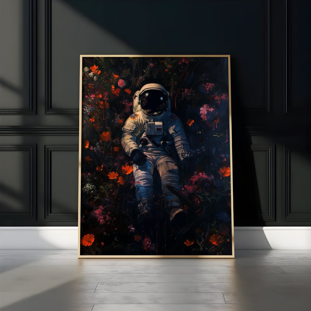 Astronaut with Floral Covering Dark Hue Interactive Wall Art